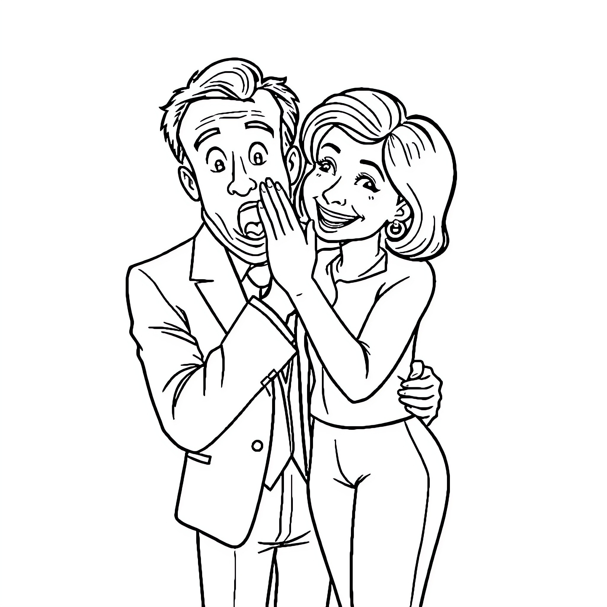 Macron Interacting with Companion in Animated Illustration Coloring Page (free black-and-white line drawing printable PDF for all, from beginners to advanced learners, including children, teens, adults, and seniors)