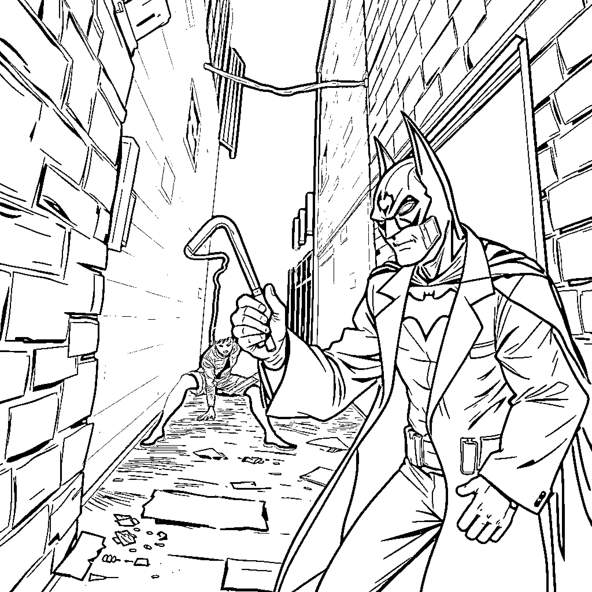 Dentist Confronts a Suspicious-Looking Individual in an Alleyway Coloring Page (free black-and-white line drawing printable PDF for all, from beginners to advanced learners, including children, teens, adults, and seniors)