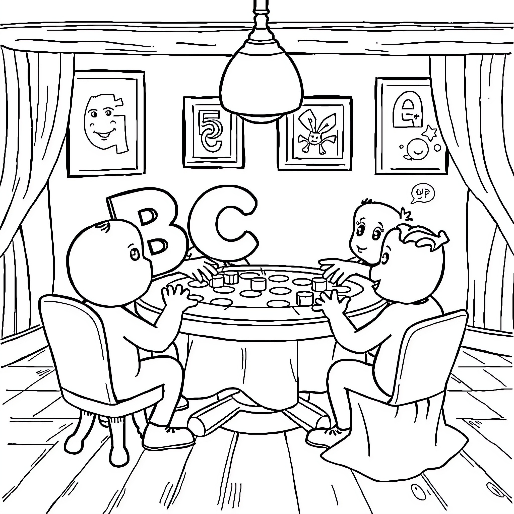 Letter Friends Enjoying Educational Activity Coloring Page (free black-and-white line drawing printable PDF for all, from beginners to advanced learners, including children, teens, adults, and seniors)