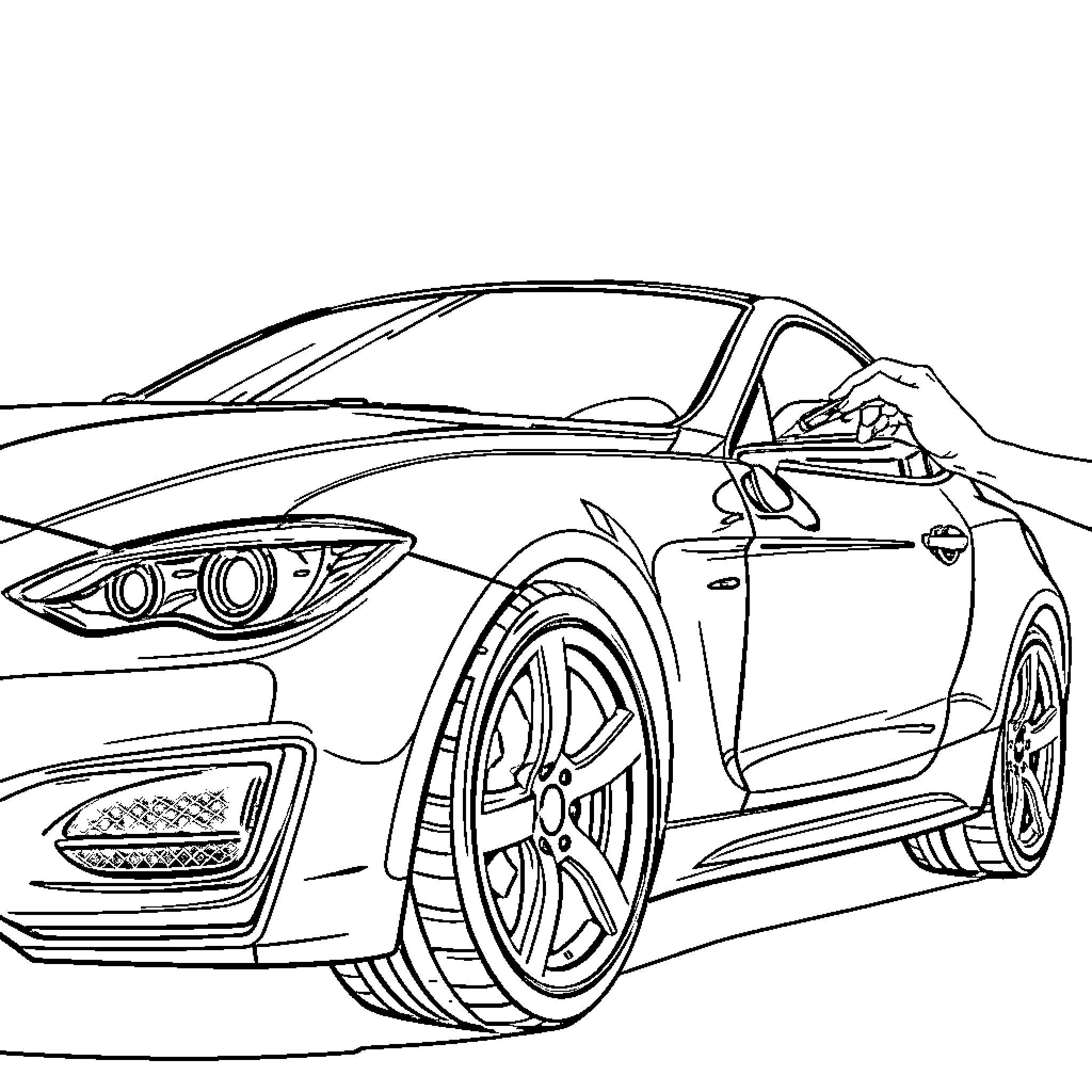 Car in dynamic racing pose Coloring Page (free black-and-white line drawing printable PDF for all, from beginners to advanced learners, including children, teens, adults, and seniors)