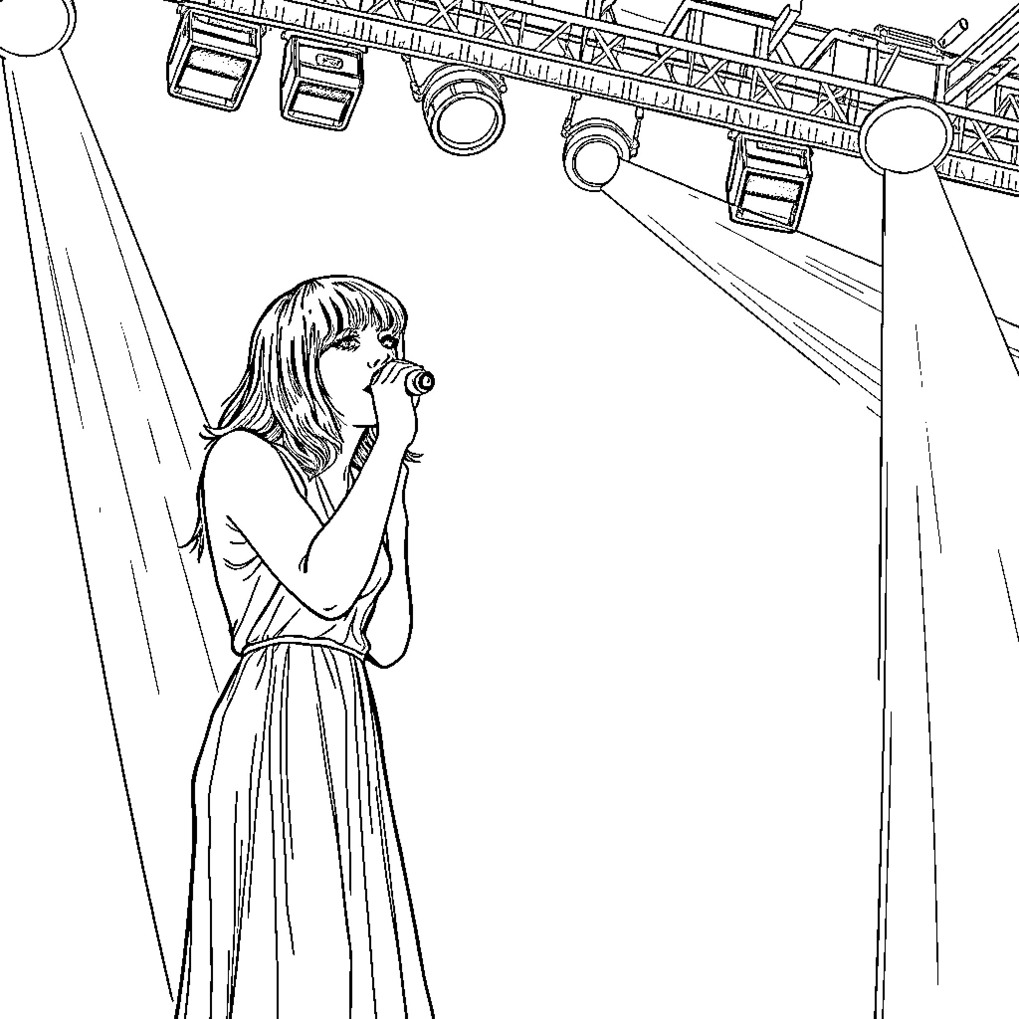 Taylor Swift Performing on Stage with Microphone Coloring Page (free black-and-white line drawing printable PDF for all, from beginners to advanced learners, including children, teens, adults, and seniors)