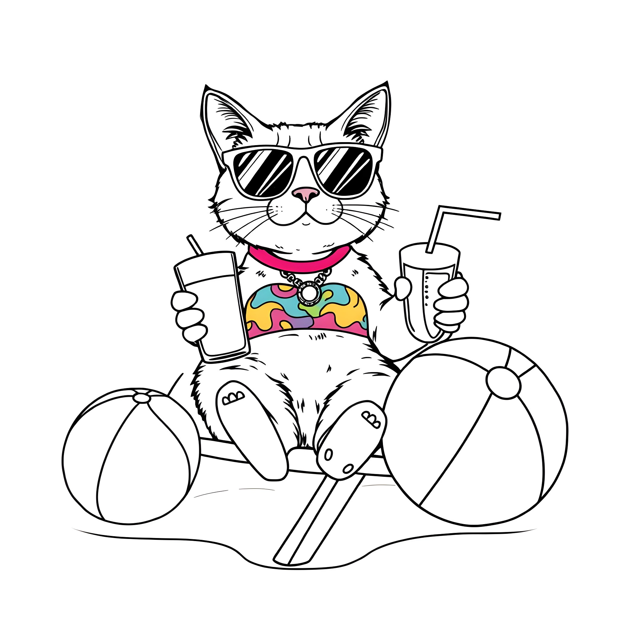 Cat relaxing on the beach with sunglasses and drinks Coloring Page (free black-and-white line drawing printable PDF for all, from beginners to advanced learners, including children, teens, adults, and seniors)