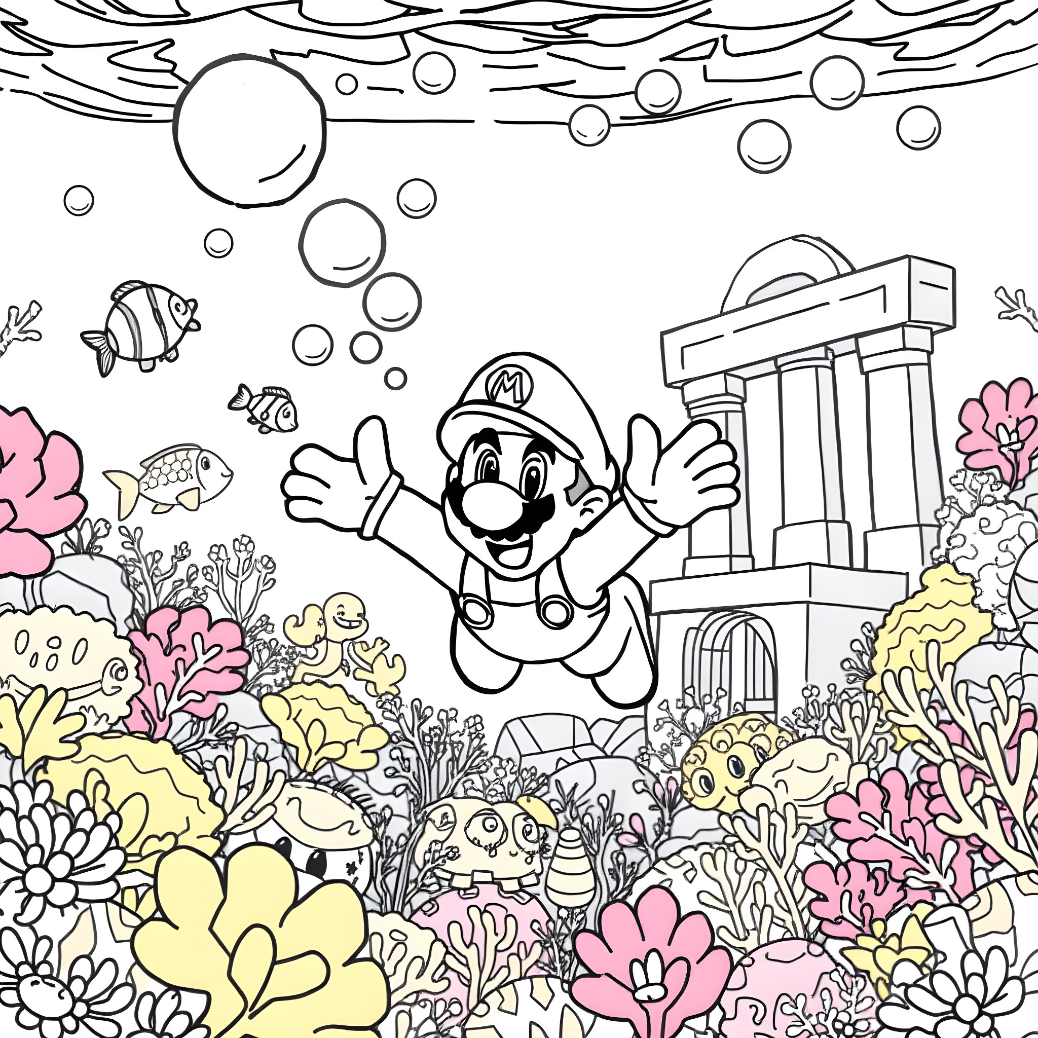Mario's Underwater Adventure with Sea Creatures Coloring Page (free black-and-white line drawing printable PDF for all, from beginners to advanced learners, including children, teens, adults, and seniors)