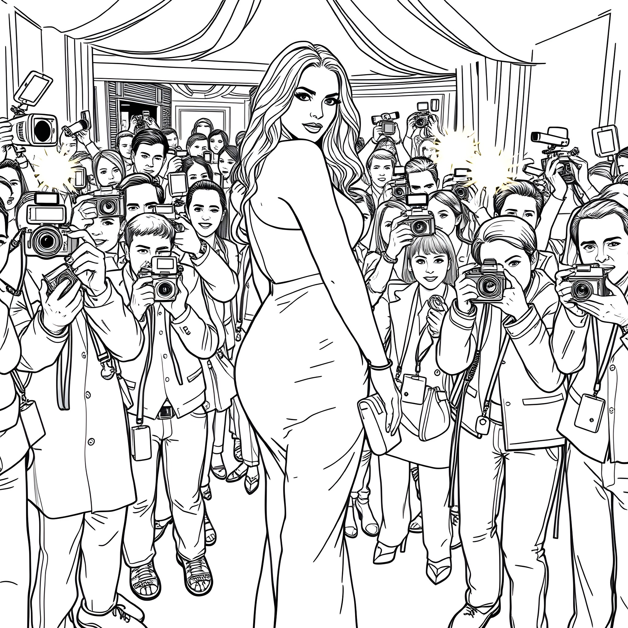 Sydney Sweeney in glamorous dress at celebrity event Coloring Page (free black-and-white line drawing printable PDF for all, from beginners to advanced learners, including children, teens, adults, and seniors)