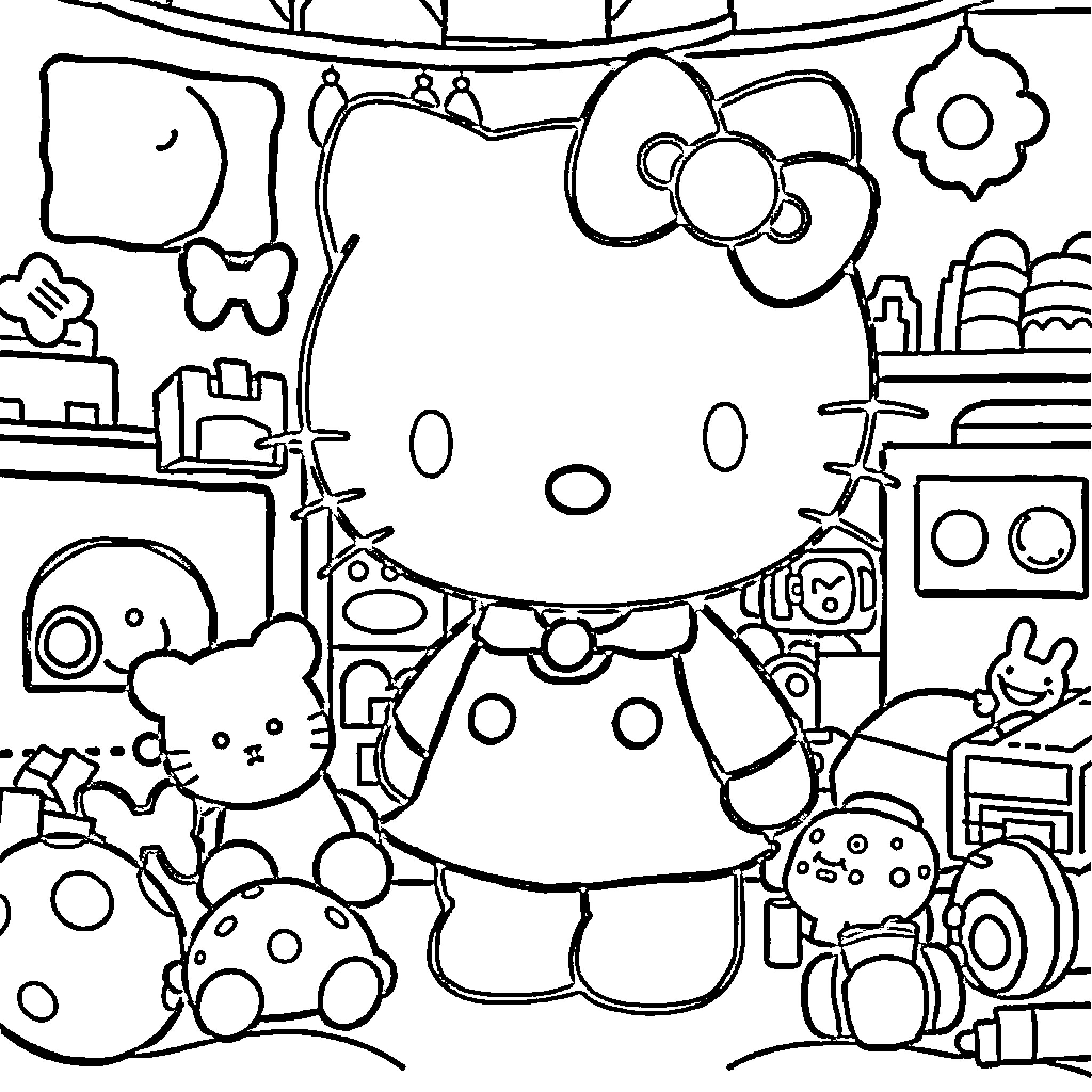 Hello Kitty's Playful Treasures Coloring Page (free black-and-white line drawing printable PDF for all, from beginners to advanced learners, including children, teens, adults, and seniors)