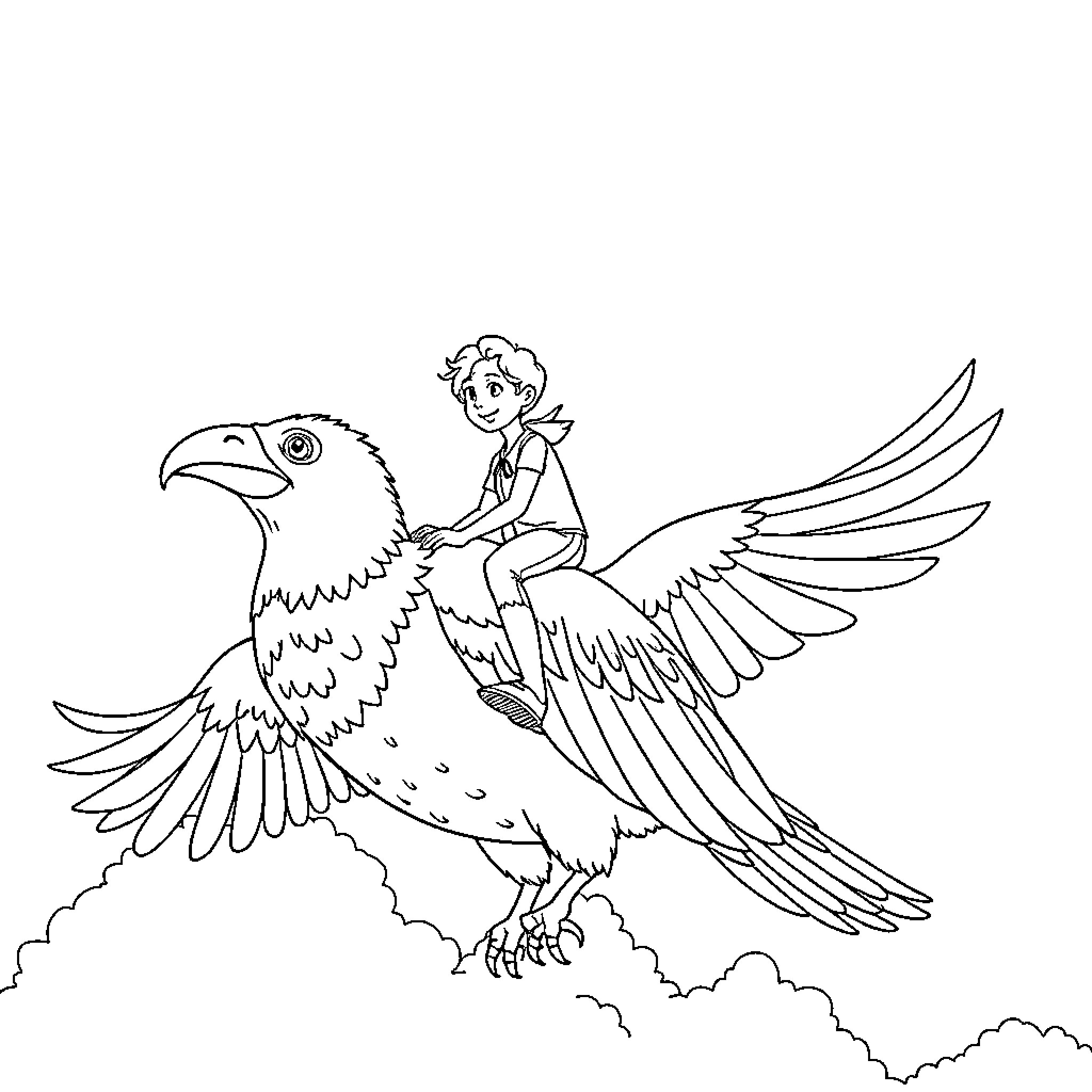 Human riding a large mythical bird in the sky Coloring Page (free black-and-white line drawing printable PDF for all, from beginners to advanced learners, including children, teens, adults, and seniors)