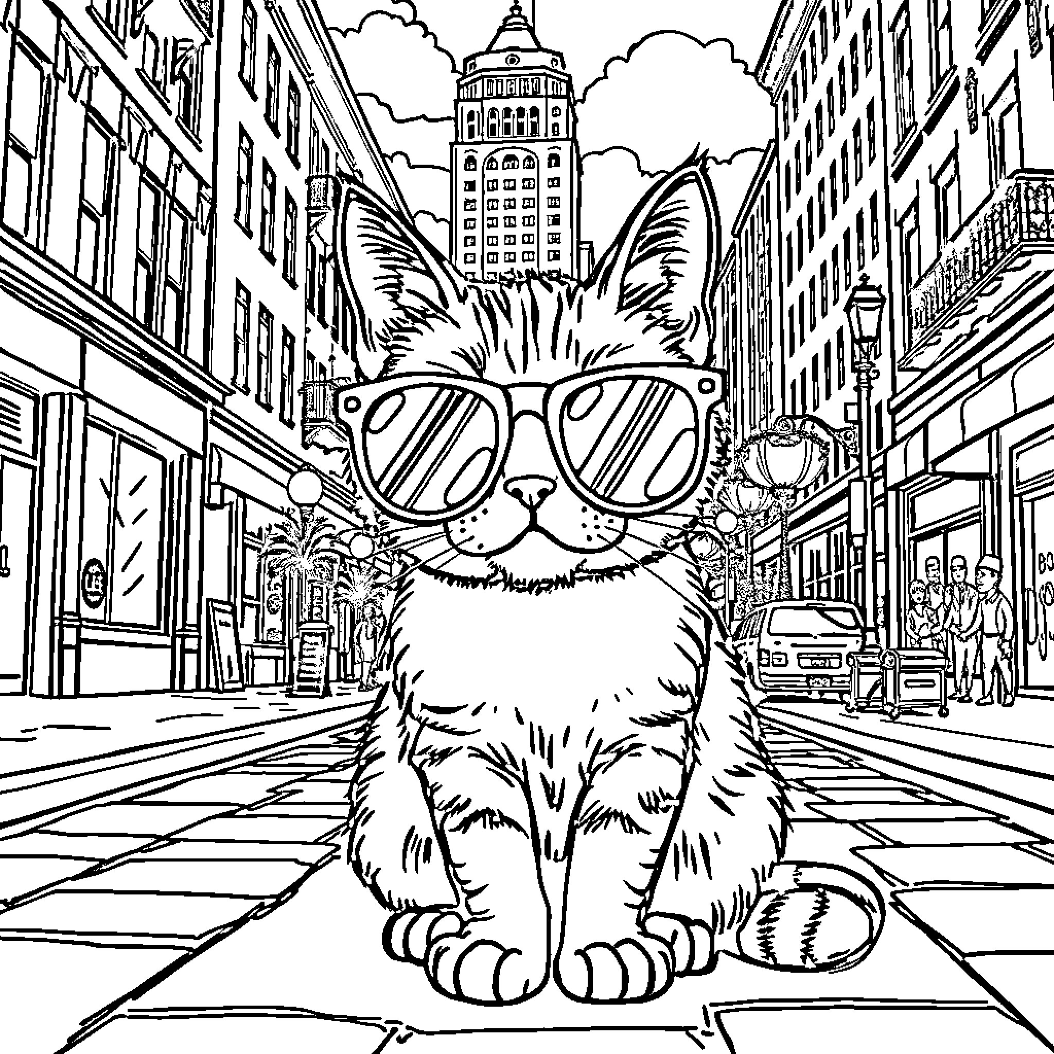 Cat enjoying the city in stylish sunglasses Coloring Page (free black-and-white line drawing printable PDF for all, from beginners to advanced learners, including children, teens, adults, and seniors)