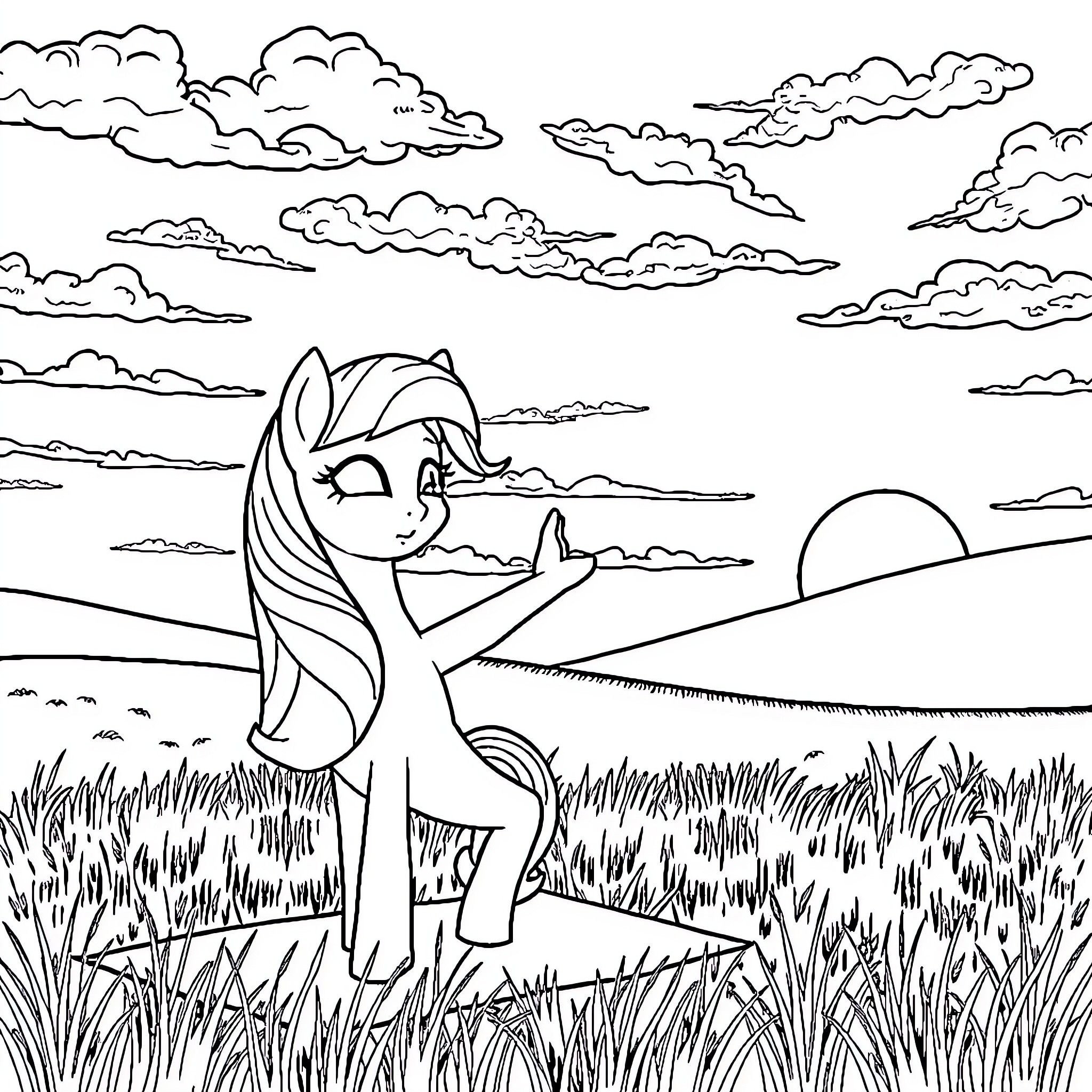Twilight Sparkle gazing at the sunset in a serene landscape Coloring Page (free black-and-white line drawing printable PDF for all, from beginners to advanced learners, including children, teens, adults, and seniors)