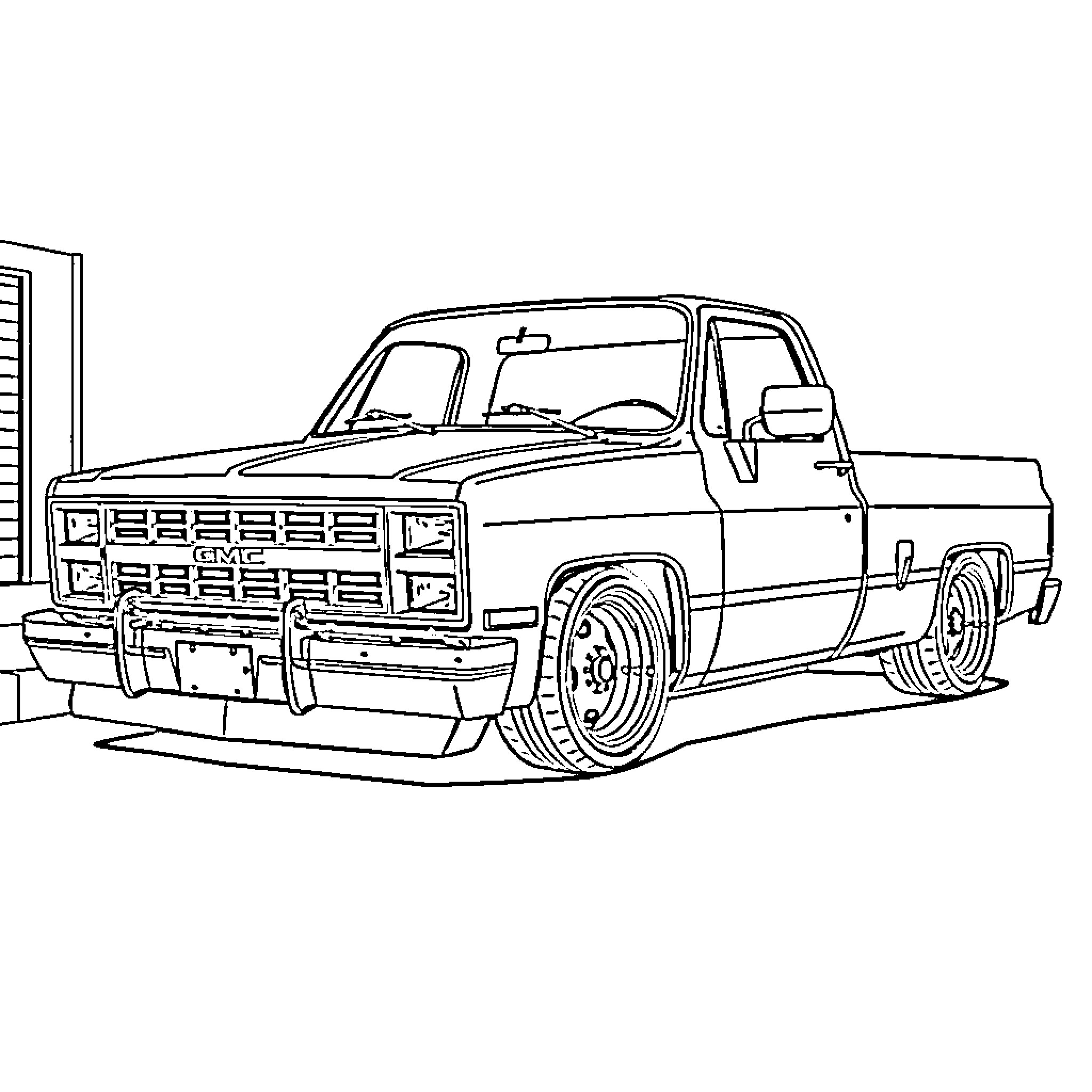 GMC Sierra classic pickup truck silhouette Coloring Page (free black-and-white line drawing printable PDF for all, from beginners to advanced learners, including children, teens, adults, and seniors)