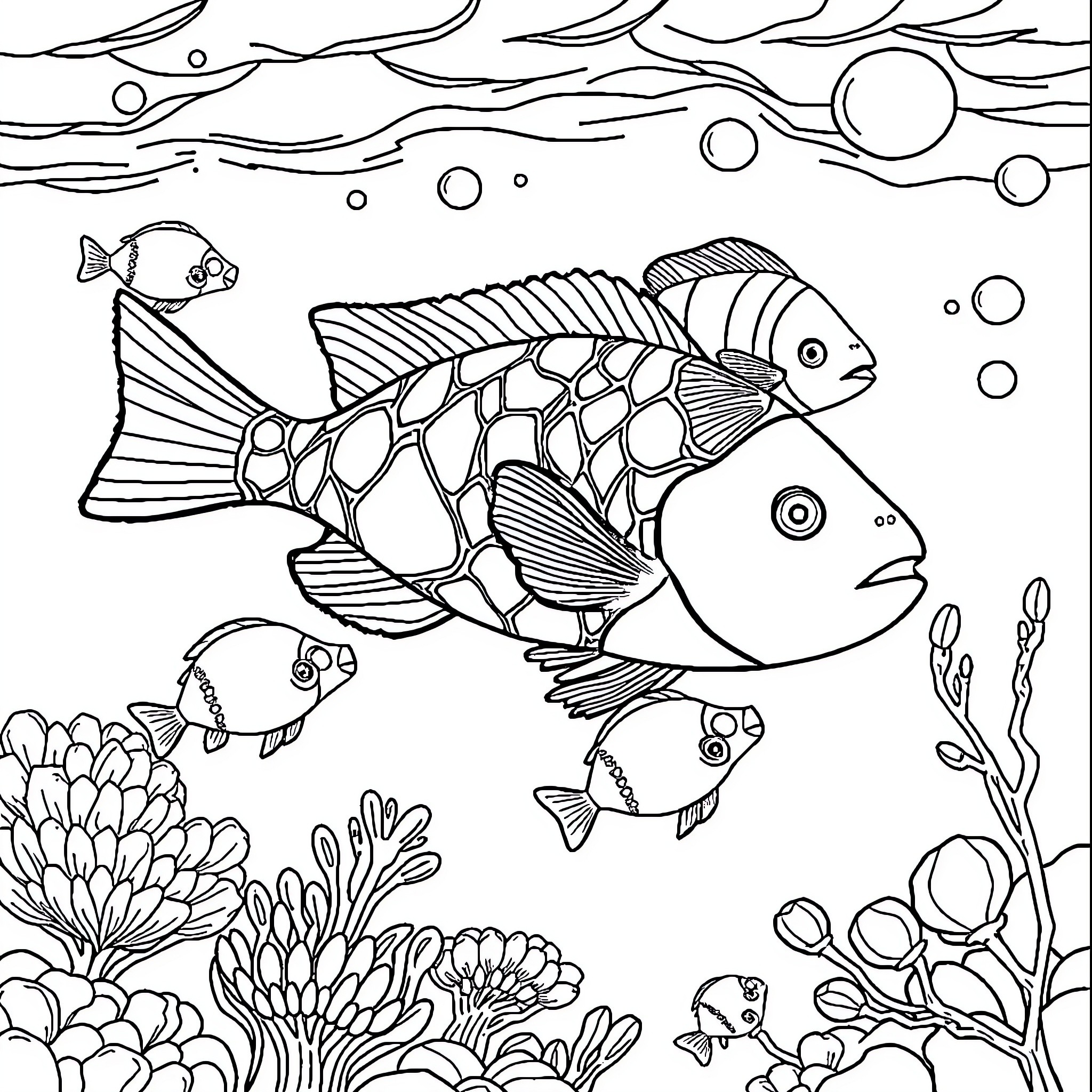 Fish swimming playfully in the underwater scene Coloring Page (free black-and-white line drawing printable PDF for all, from beginners to advanced learners, including children, teens, adults, and seniors)