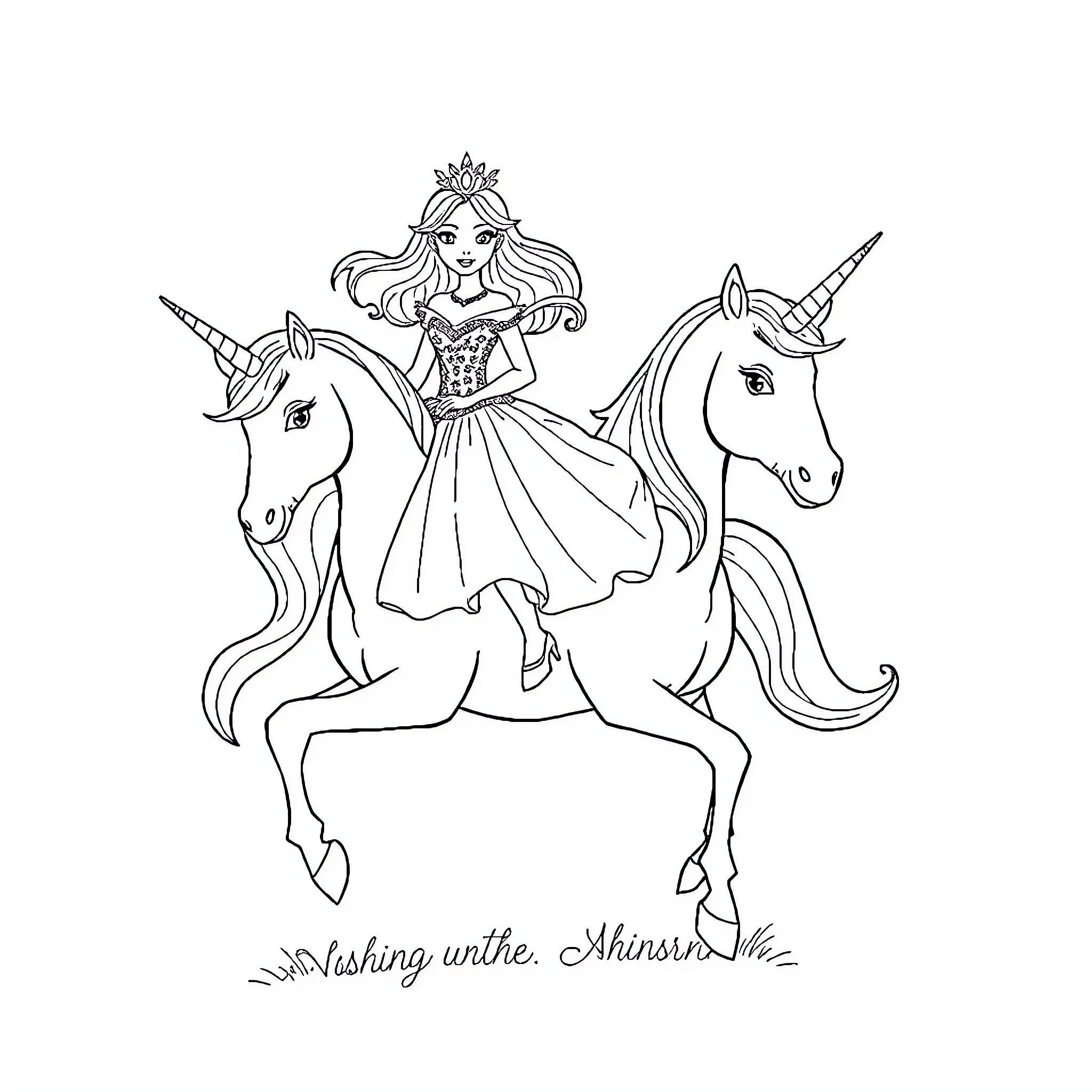 Princess riding a magical unicorn Coloring Page (free black-and-white line drawing printable PDF for all, from beginners to advanced learners, including children, teens, adults, and seniors)
