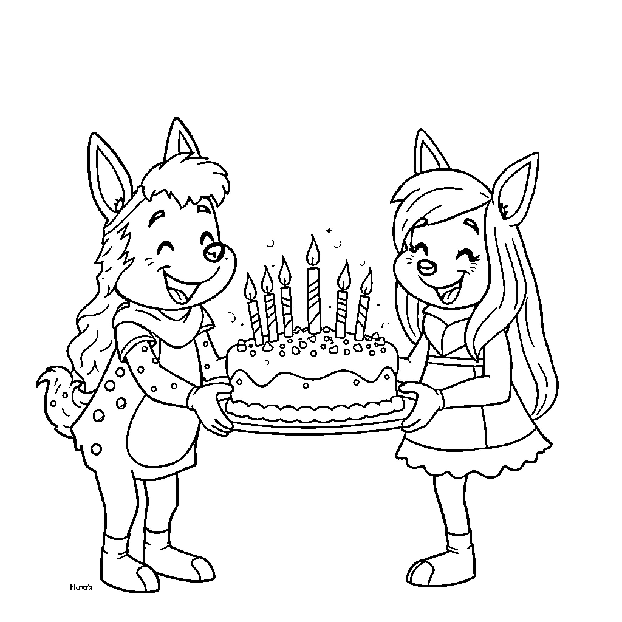 Huntrix Party Celebration with Cake and Candles Coloring Page (free black-and-white line drawing printable PDF for all, from beginners to advanced learners, including children, teens, adults, and seniors)