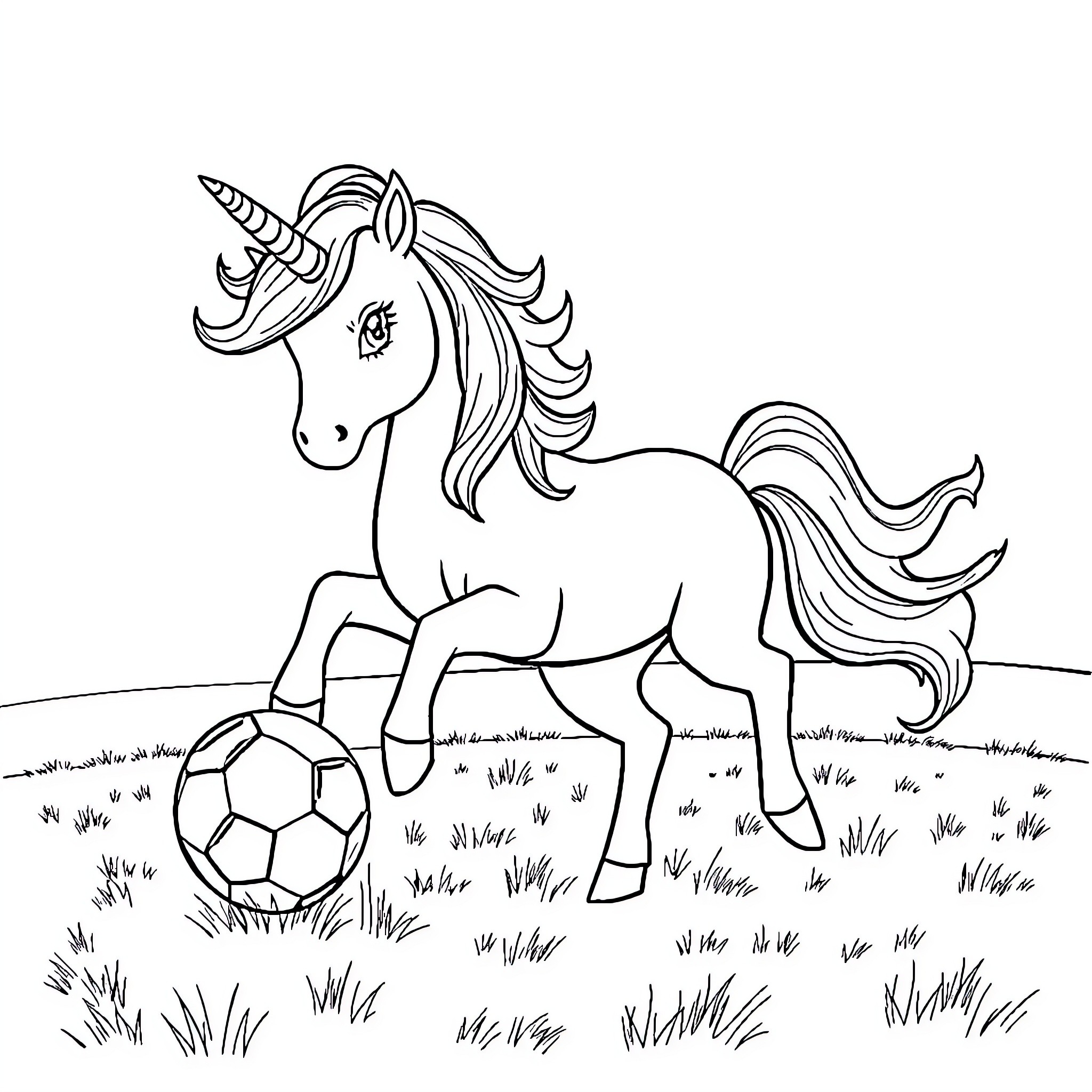 Unicorn playing joyfully with a soccer ball Coloring Page (free black-and-white line drawing printable PDF for all, from beginners to advanced learners, including children, teens, adults, and seniors)