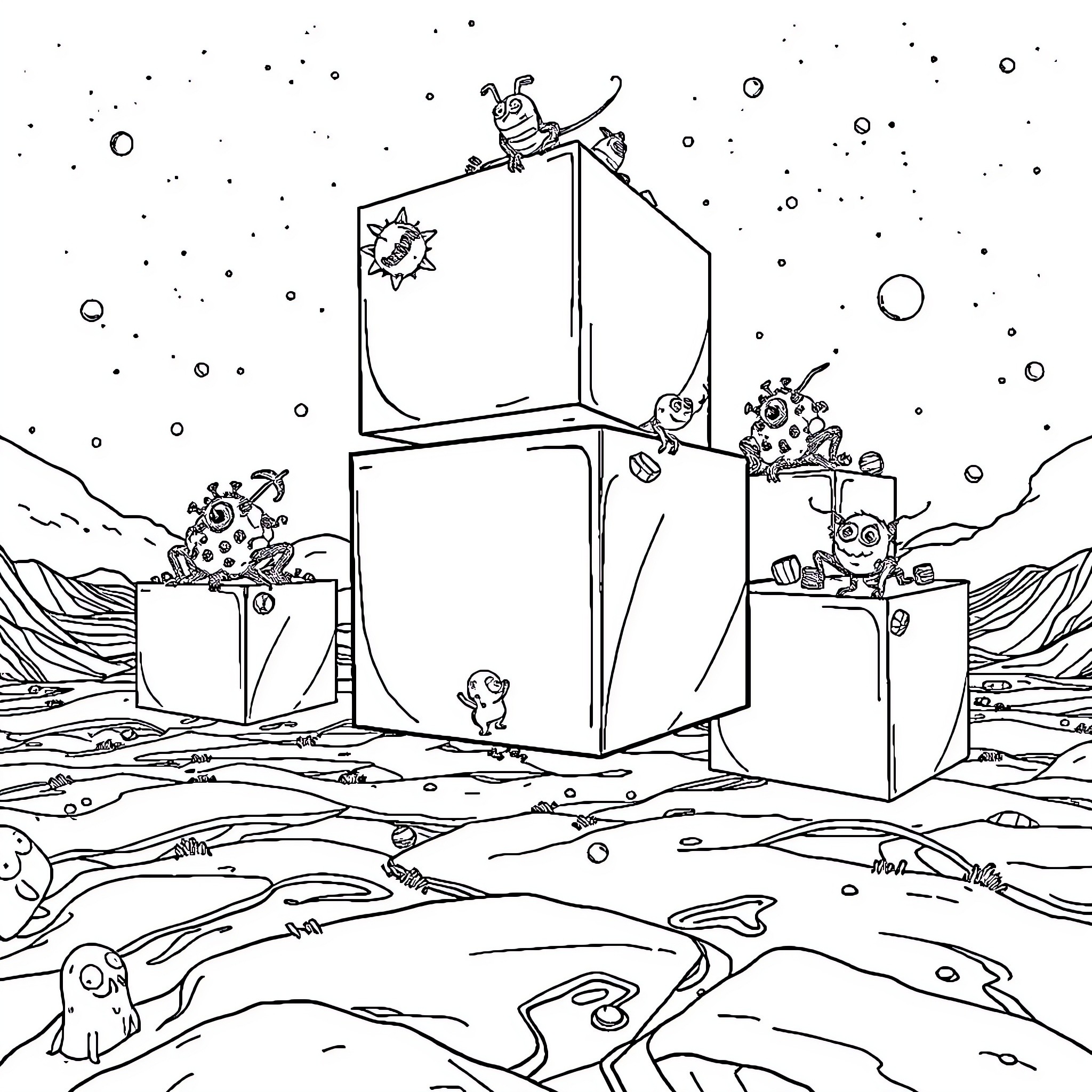 Cube characters exploring imaginative landscape Coloring Page (free black-and-white line drawing printable PDF for all, from beginners to advanced learners, including children, teens, adults, and seniors)