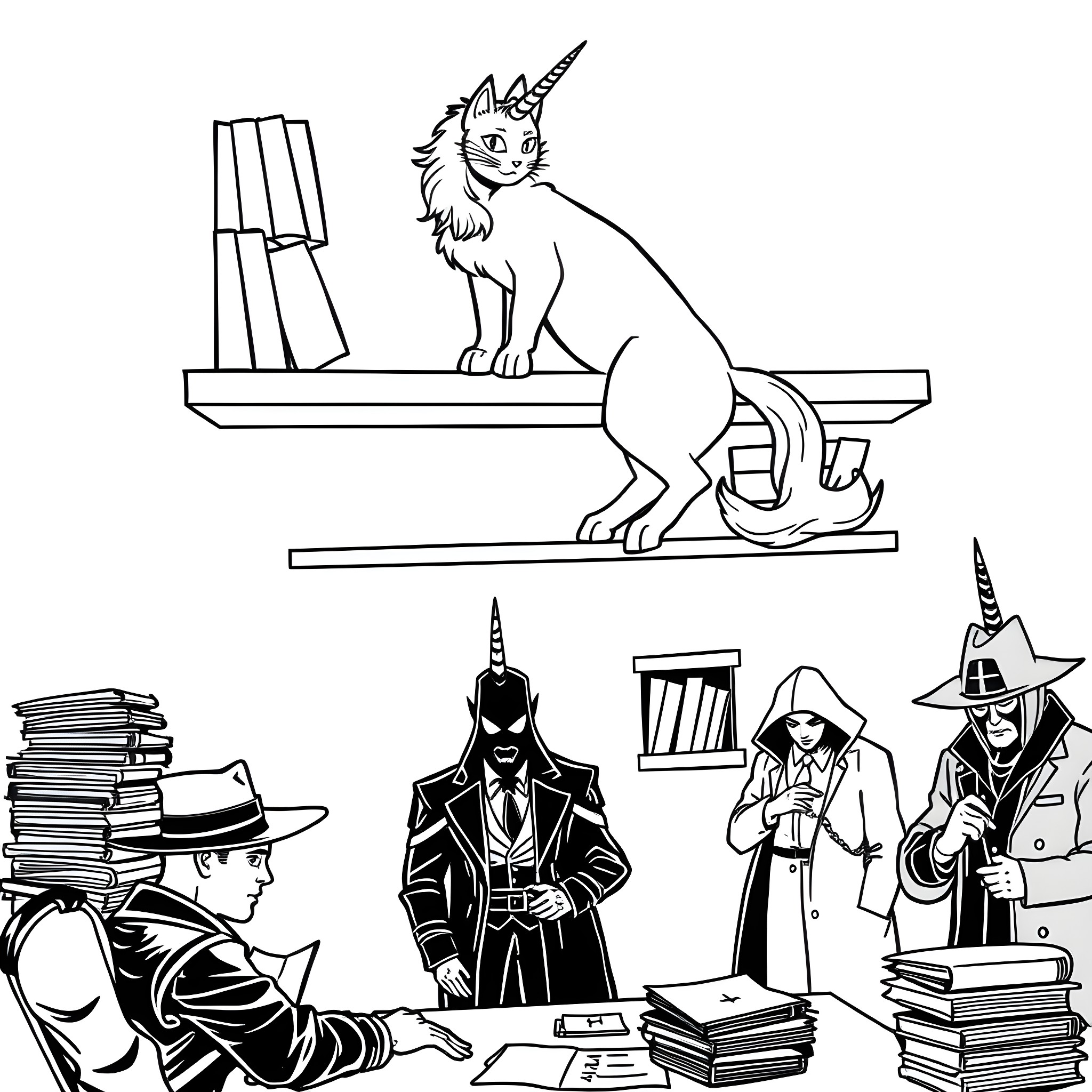 Cat causing mischief in the office Coloring Page (free black-and-white line drawing printable PDF for all, from beginners to advanced learners, including children, teens, adults, and seniors)