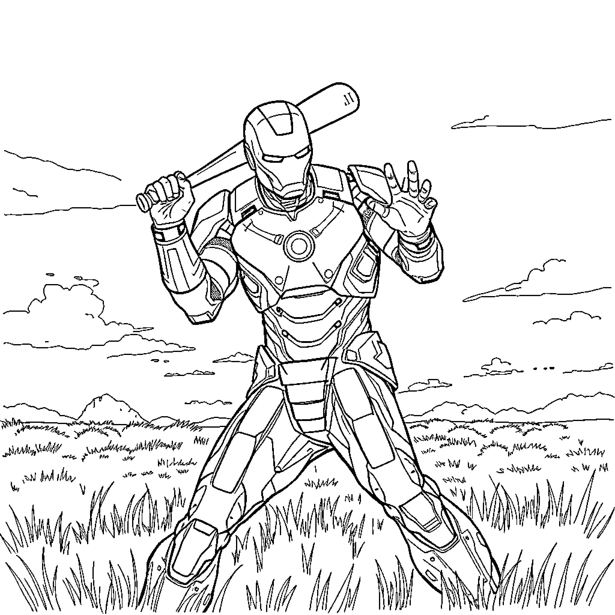 Ironman heroically posing in a grassy field Coloring Page (free black-and-white line drawing printable PDF for all, from beginners to advanced learners, including children, teens, adults, and seniors)