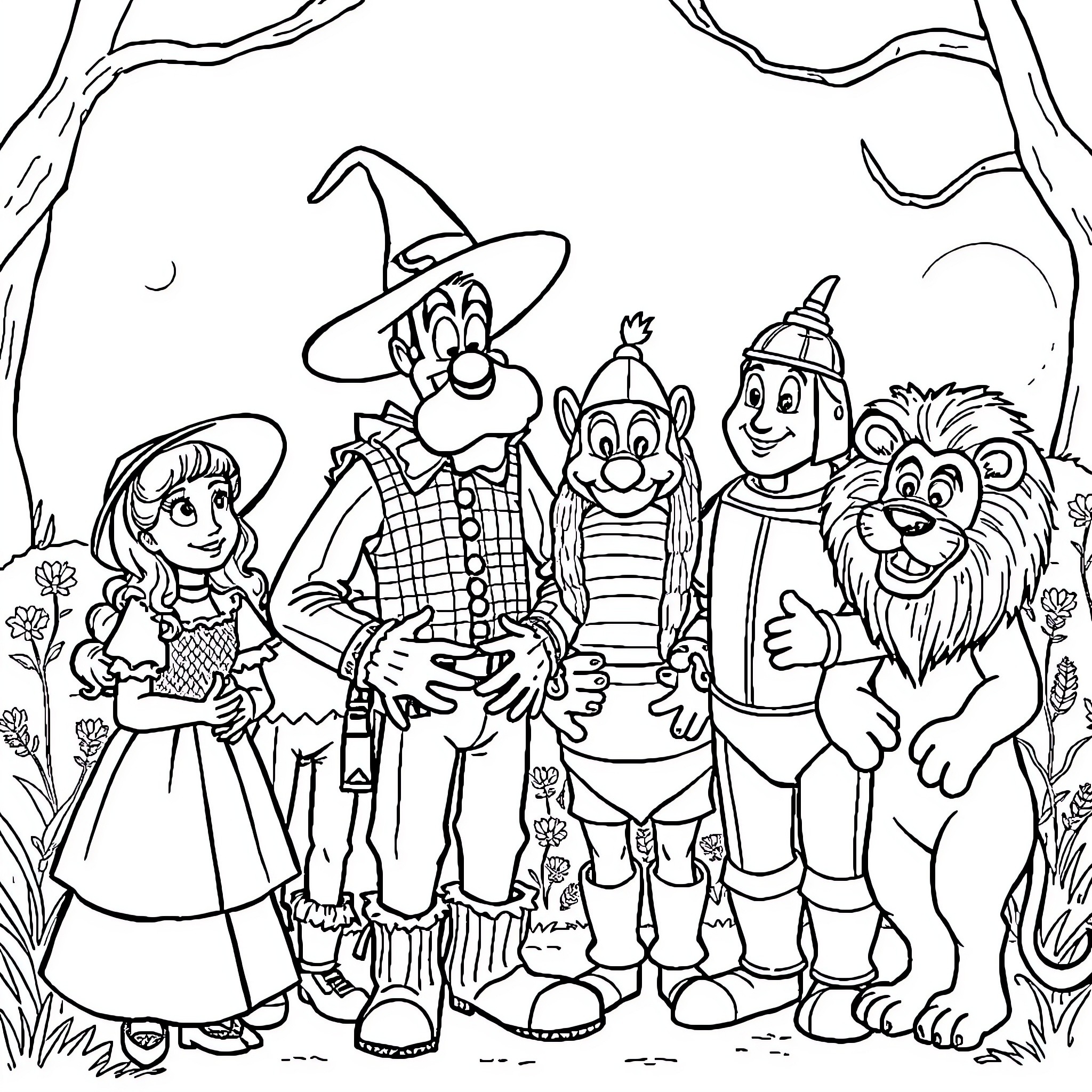 Wizard and friends in a whimsical scene Coloring Page (free black-and-white line drawing printable PDF for all, from beginners to advanced learners, including children, teens, adults, and seniors)