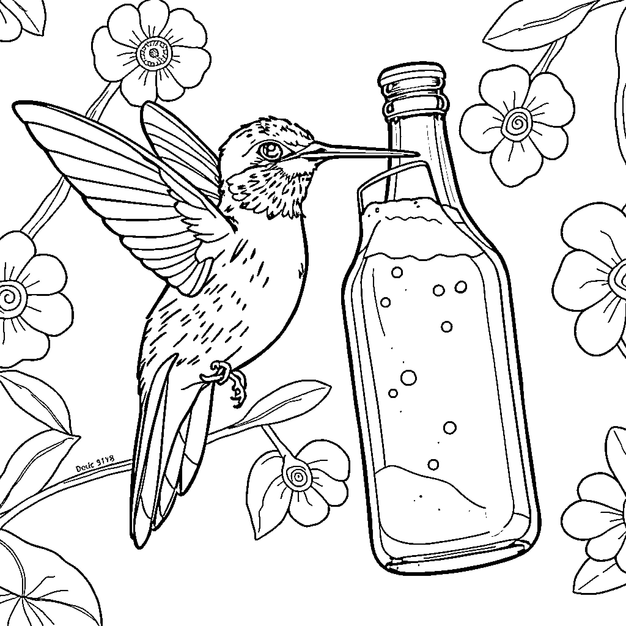 Hummingbird perching near flower vase Coloring Page (free black-and-white line drawing printable PDF for all, from beginners to advanced learners, including children, teens, adults, and seniors)