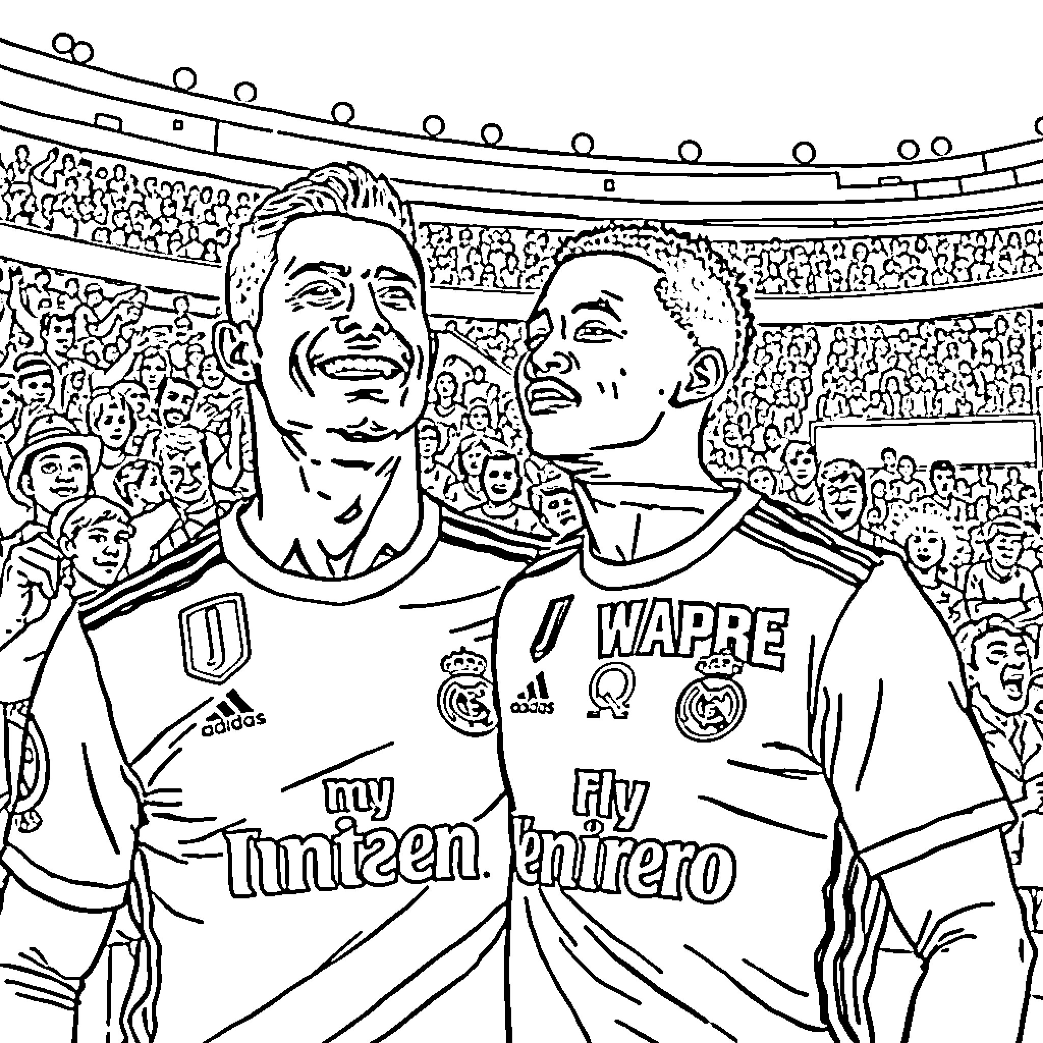 Cristiano Ronaldo and teammate celebrating on the field Coloring Page (free black-and-white line drawing printable PDF for all, from beginners to advanced learners, including children, teens, adults, and seniors)