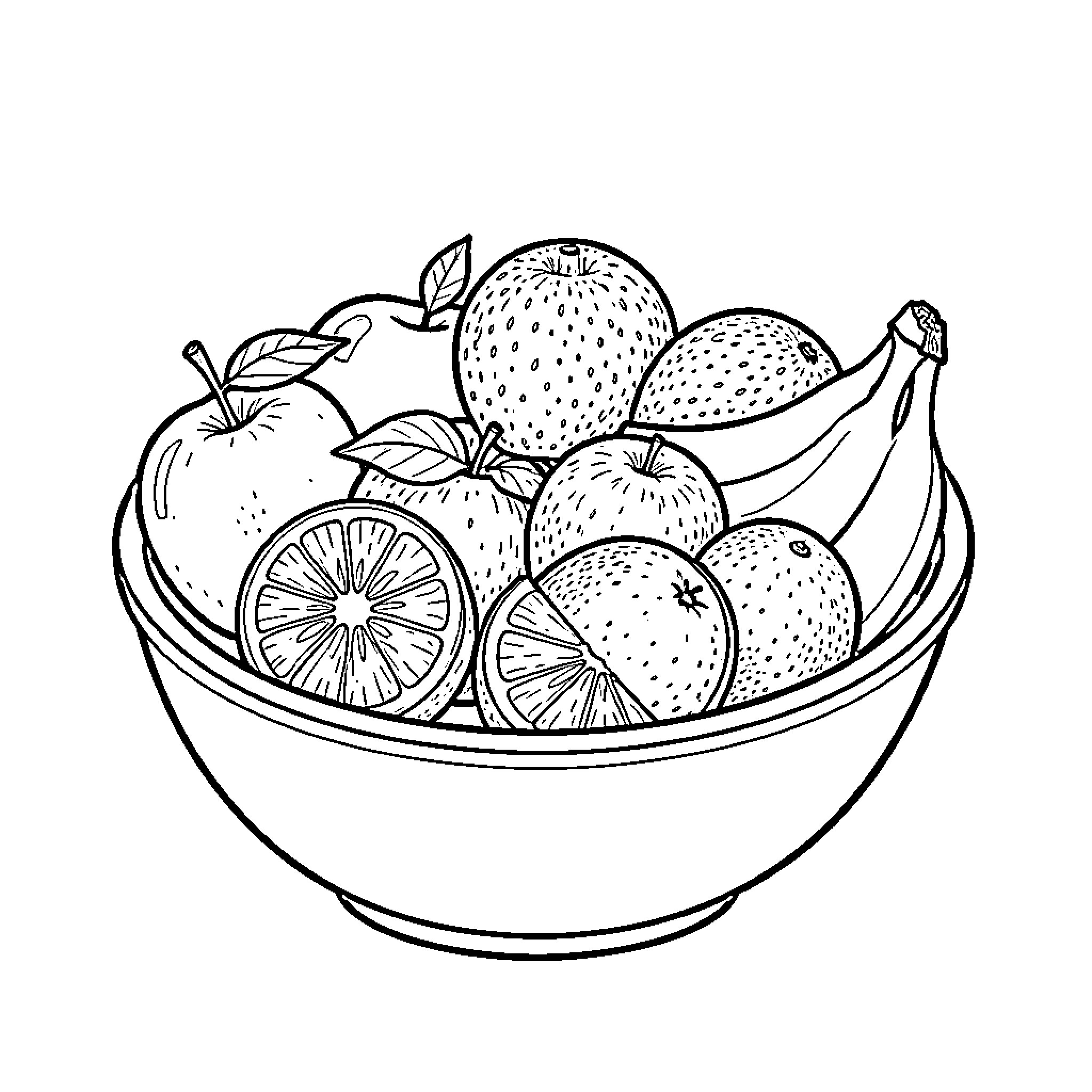Fruit bowl with assorted fruits Coloring Page (free black-and-white line drawing printable PDF for all, from beginners to advanced learners, including children, teens, adults, and seniors)