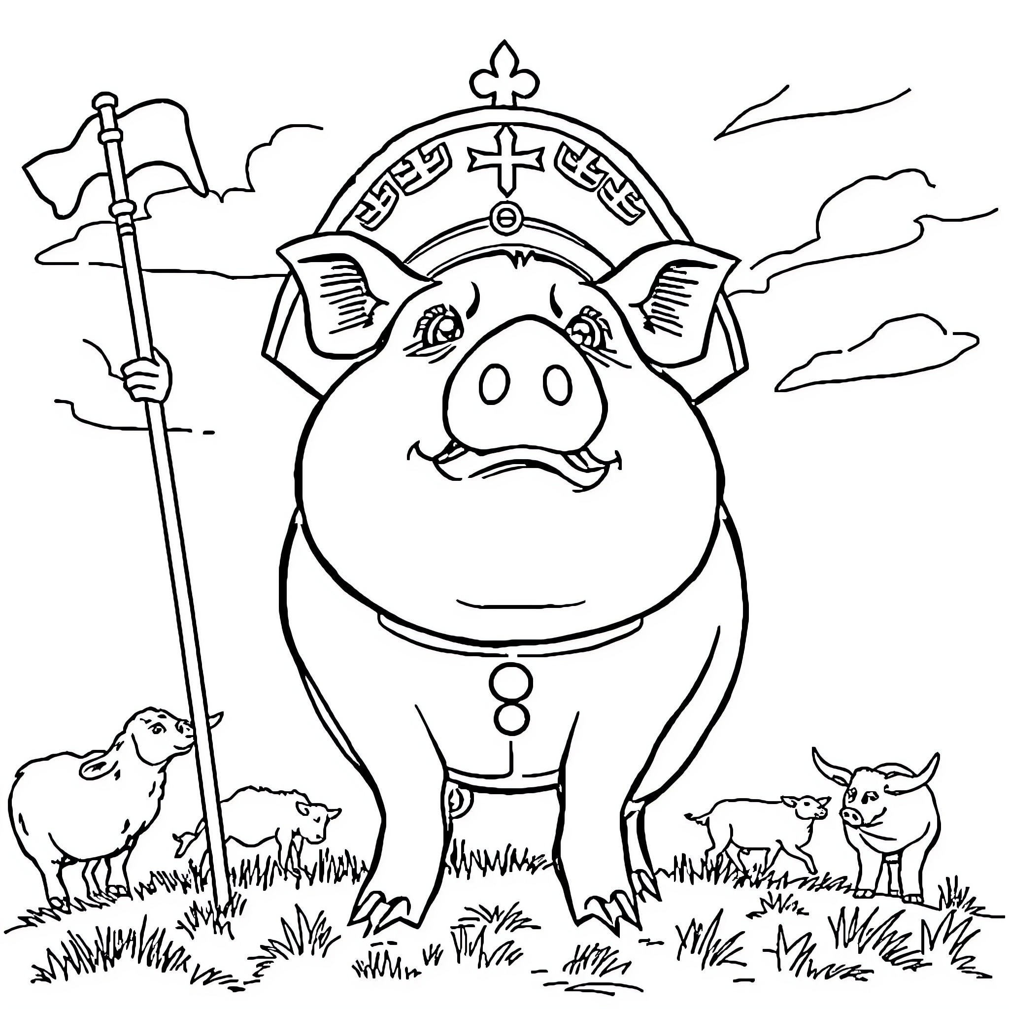 Napoleon the Pig in Regal Attire with Loyal Companions Coloring Page (free black-and-white line drawing printable PDF for all, from beginners to advanced learners, including children, teens, adults, and seniors)