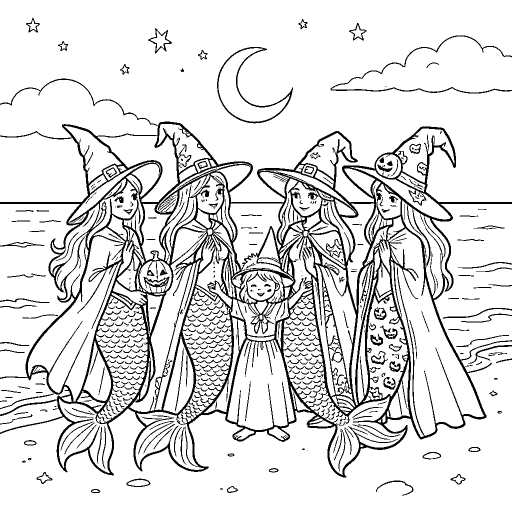 Mermaid witches celebrating together on a starry beach Coloring Page (free black-and-white line drawing printable PDF for all, from beginners to advanced learners, including children, teens, adults, and seniors)