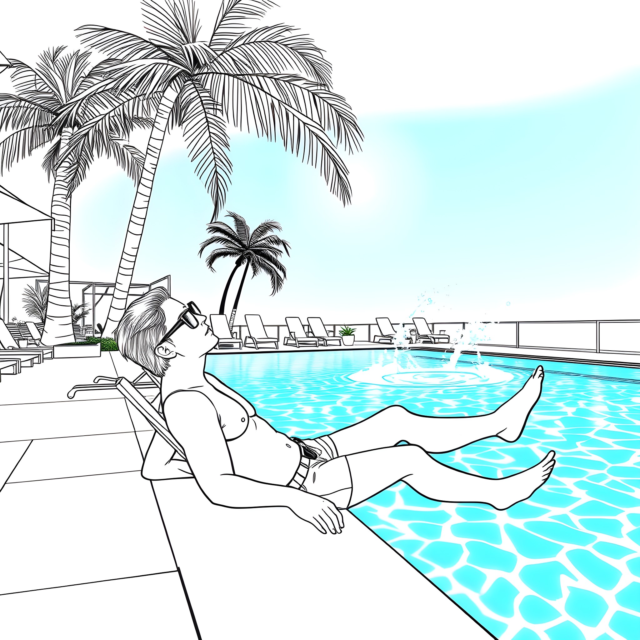 Bill Kaulitz relaxing by the pool under palm trees Coloring Page (free black-and-white line drawing printable PDF for all, from beginners to advanced learners, including children, teens, adults, and seniors)