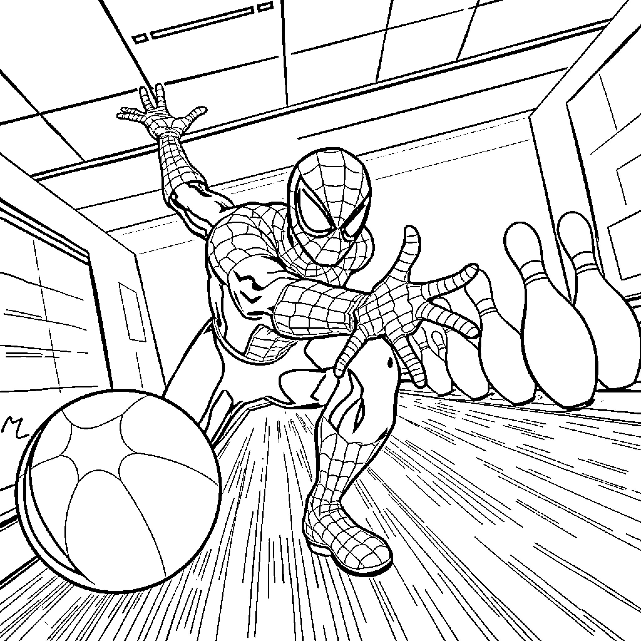 Spider-Man swinging into action in a bowling alley Coloring Page (free black-and-white line drawing printable PDF for all, from beginners to advanced learners, including children, teens, adults, and seniors)