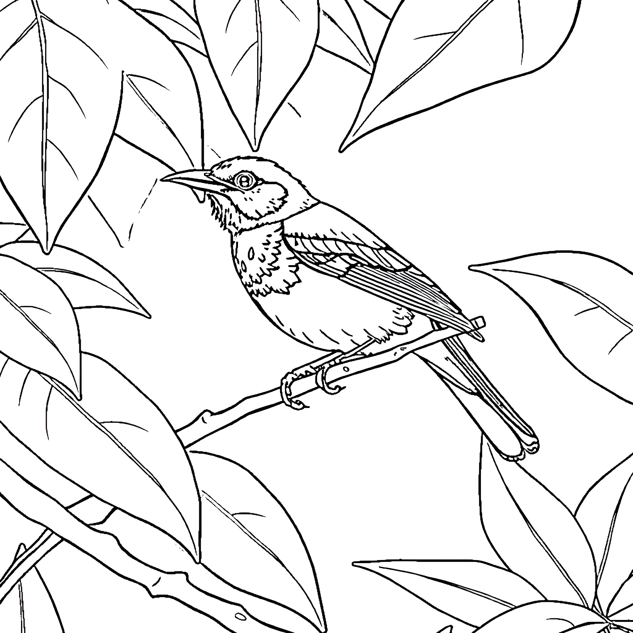 Mangrove Finch perched on branch among leaves Coloring Page (free black-and-white line drawing printable PDF for all, from beginners to advanced learners, including children, teens, adults, and seniors)