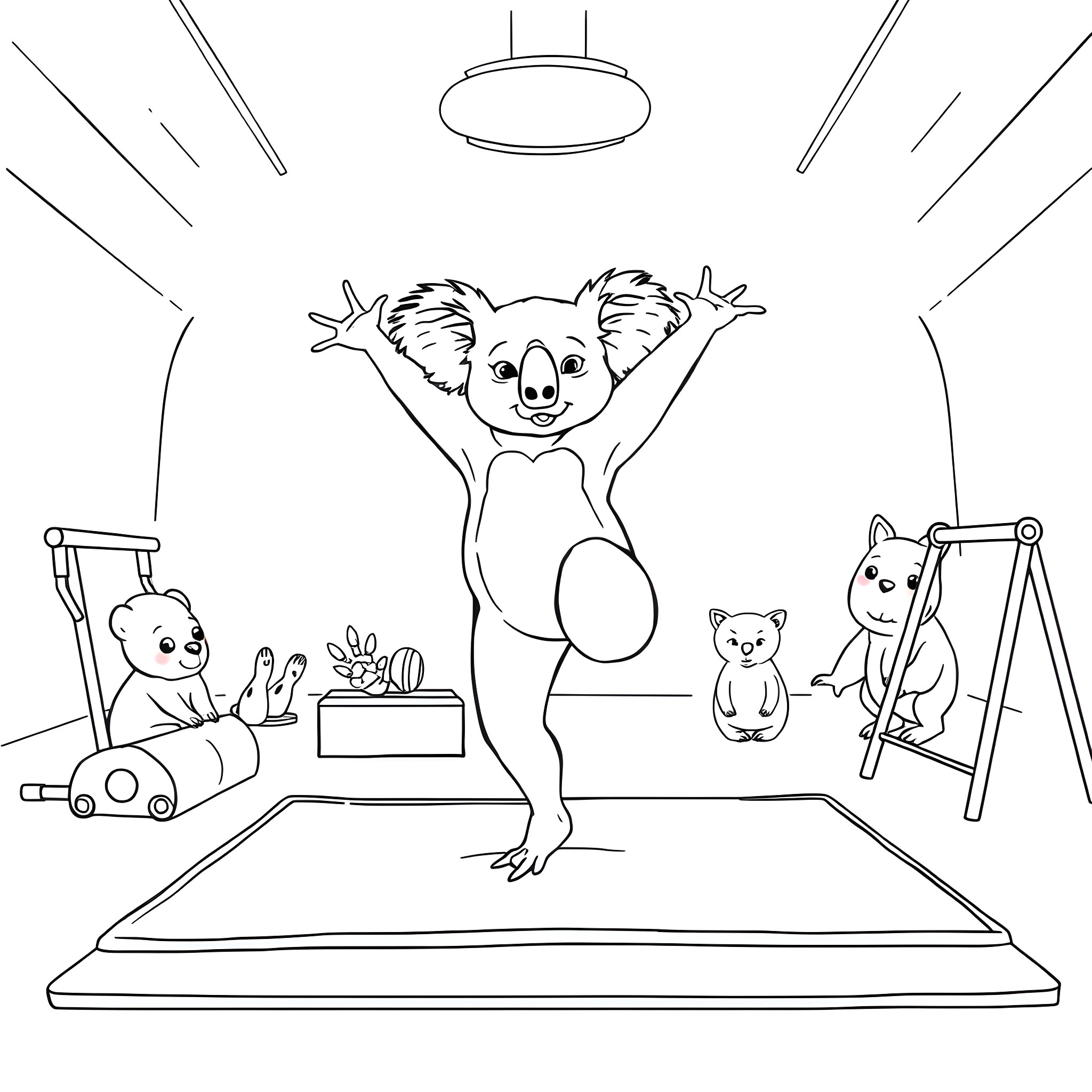 Koala performing gymnastics in playroom Coloring Page (free black-and-white line drawing printable PDF for all, from beginners to advanced learners, including children, teens, adults, and seniors)