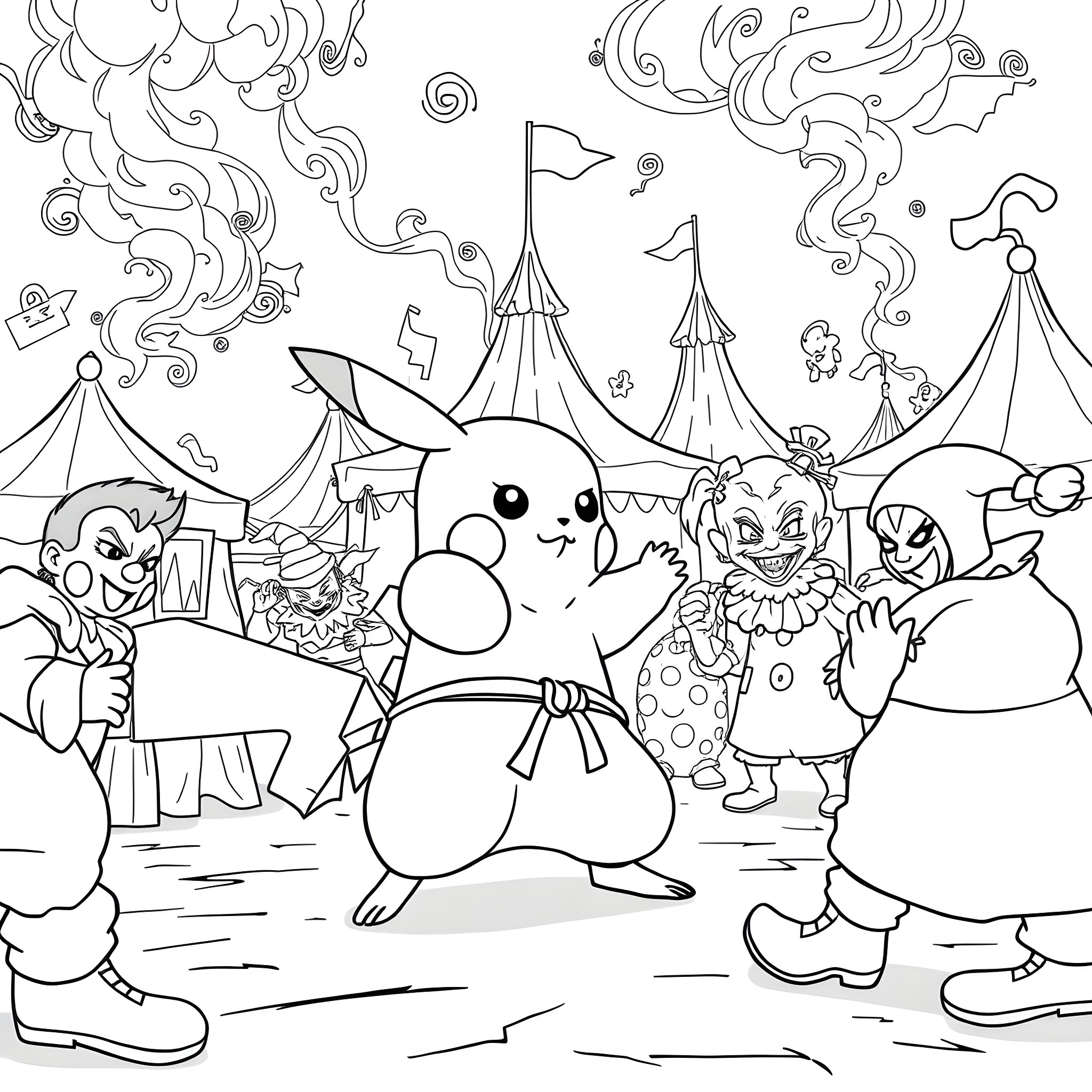 Pikachu and friends at the carnival Coloring Page (free black-and-white line drawing printable PDF for all, from beginners to advanced learners, including children, teens, adults, and seniors)