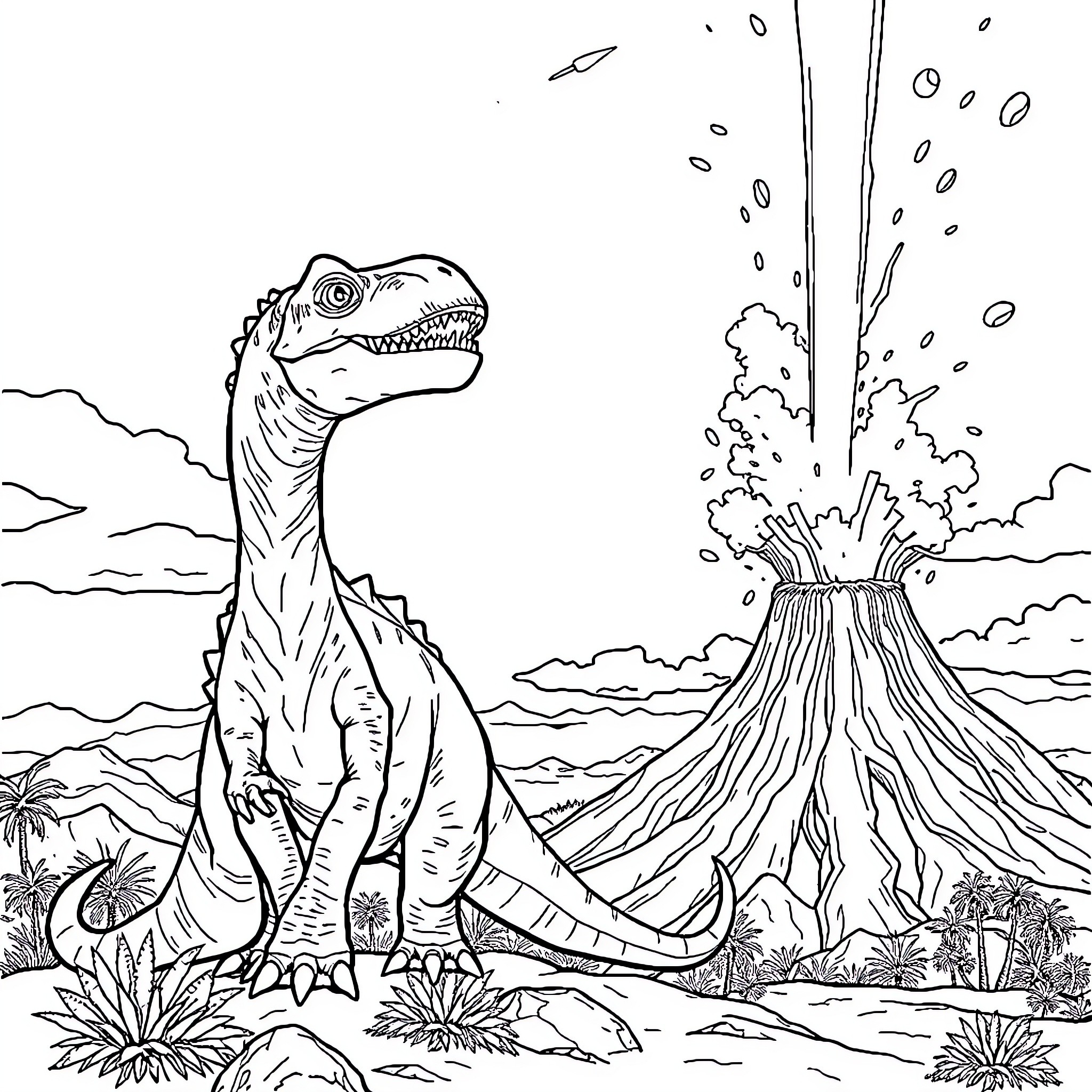 Dinosaur exploring volcanic landscape Coloring Page (free black-and-white line drawing printable PDF for all, from beginners to advanced learners, including children, teens, adults, and seniors)