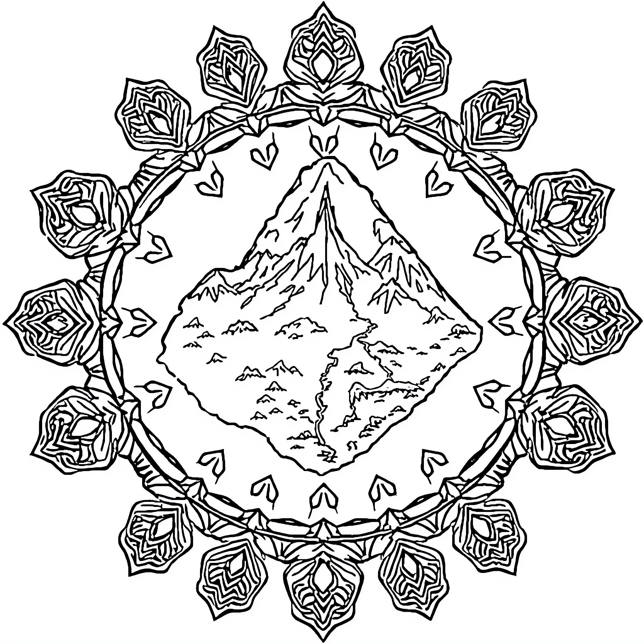 Mandala with intricate mountain scenery and floral border Coloring Page (free black-and-white line drawing printable PDF for all, from beginners to advanced learners, including children, teens, adults, and seniors)