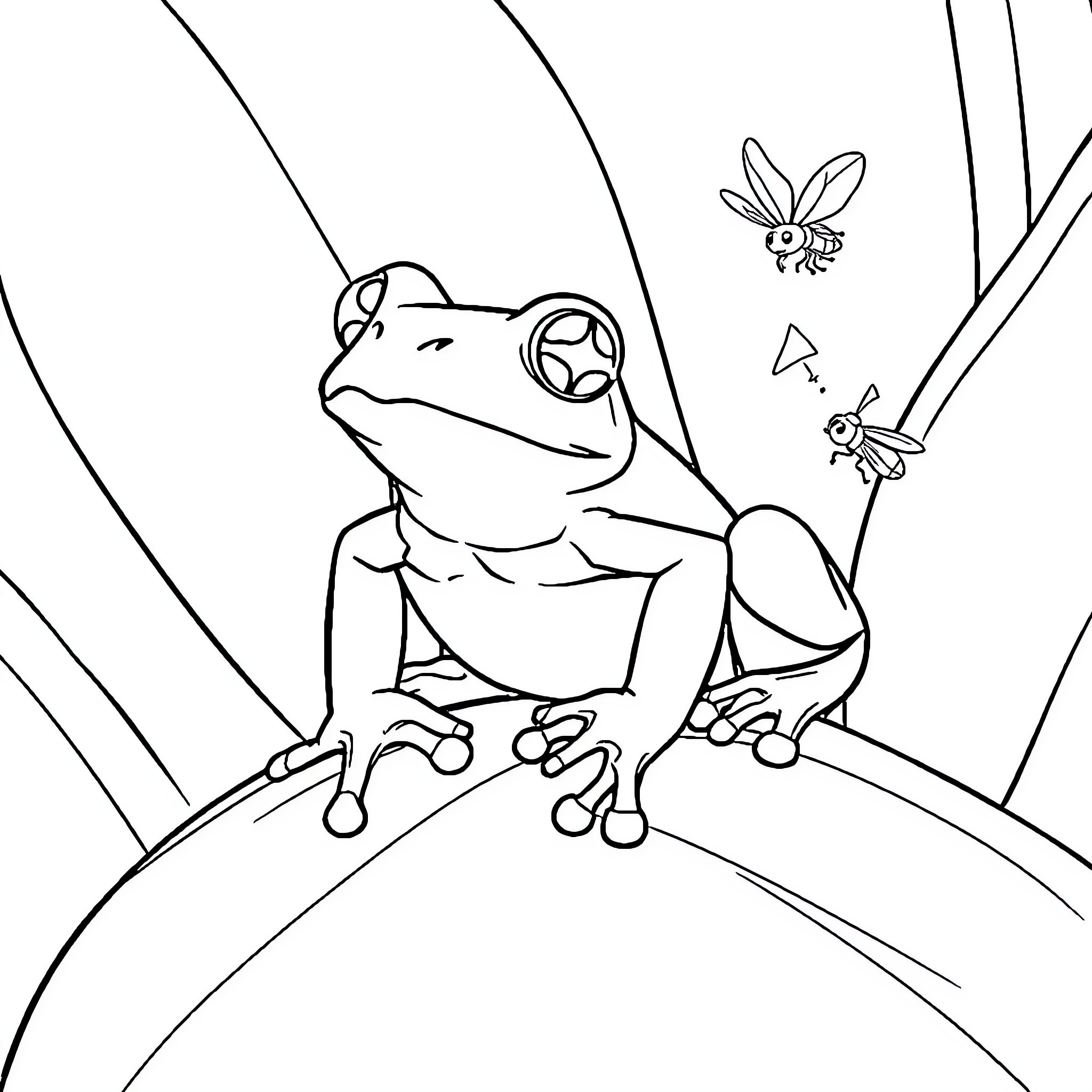 Frog surrounded by playful insects Coloring Page (free black-and-white line drawing printable PDF for all, from beginners to advanced learners, including children, teens, adults, and seniors)