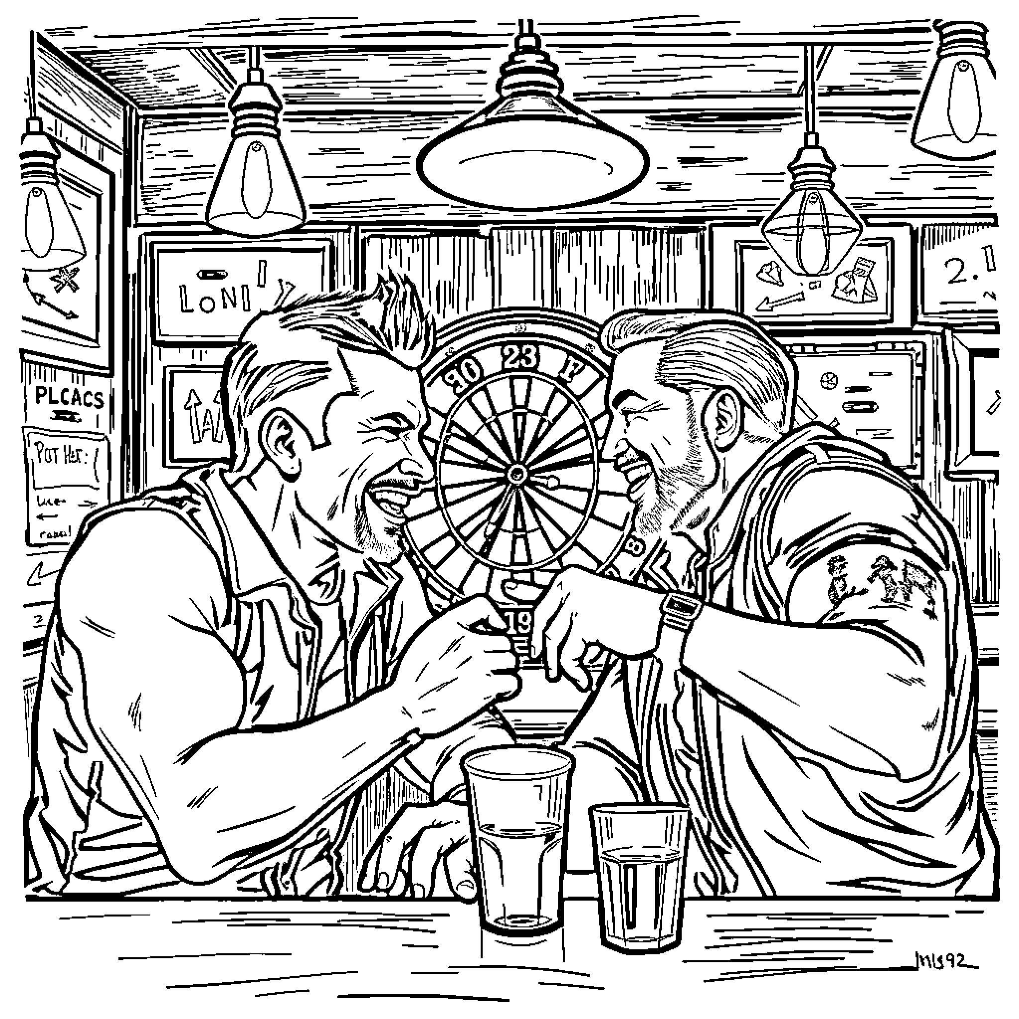 Cm Punk Enjoying Drinks and Darts with Friends Coloring Page (free black-and-white line drawing printable PDF for all, from beginners to advanced learners, including children, teens, adults, and seniors)