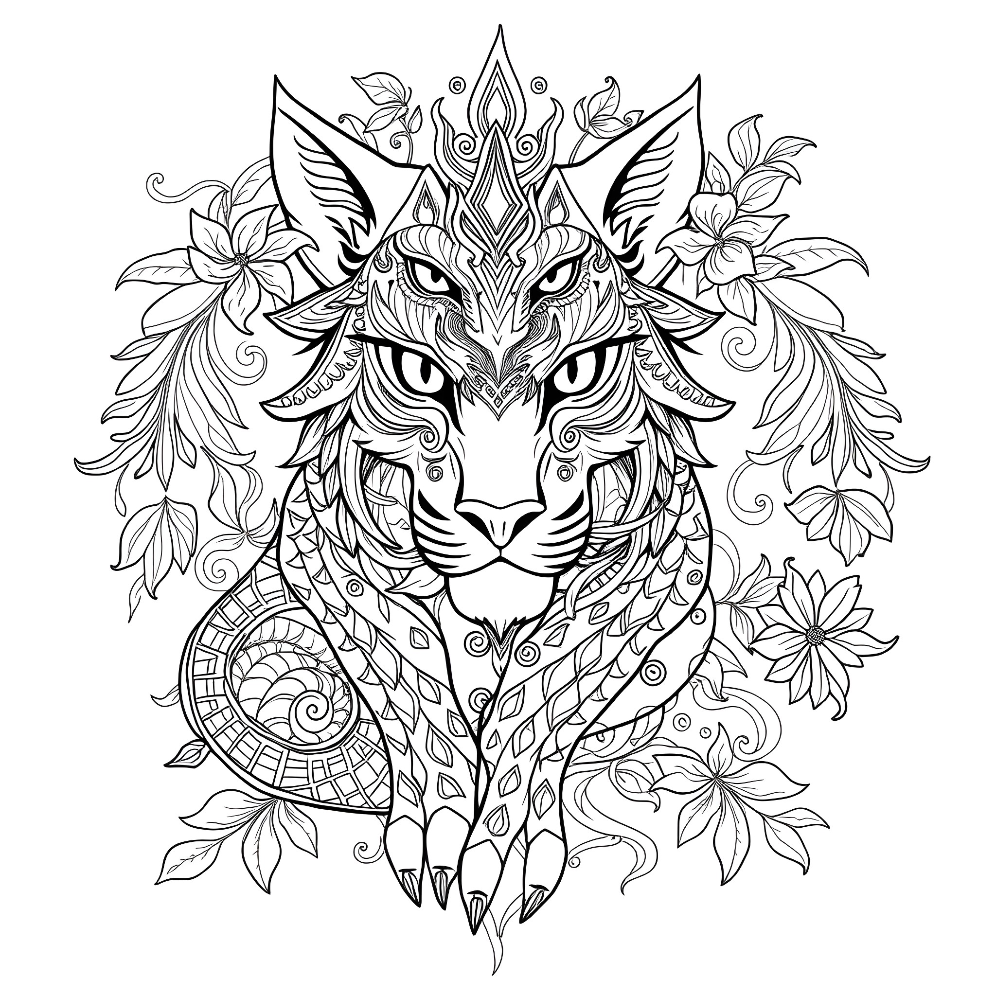 Mishipeshu, the Mystical Water Panther in Floral Embrace Coloring Page (free black-and-white line drawing printable PDF for all, from beginners to advanced learners, including children, teens, adults, and seniors)