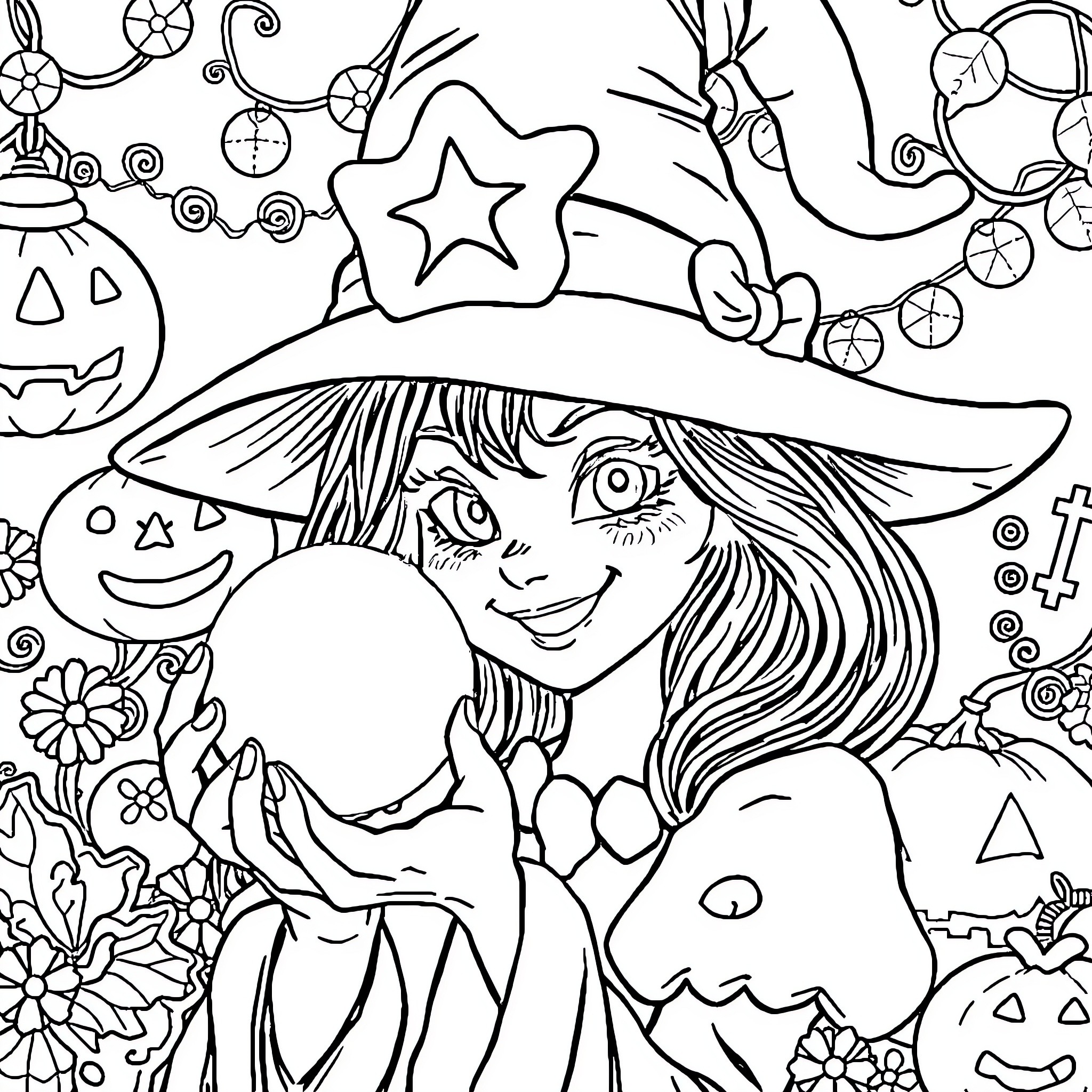 Witch with spooky Halloween decor and expressions Coloring Page (free black-and-white line drawing printable PDF for all, from beginners to advanced learners, including children, teens, adults, and seniors)