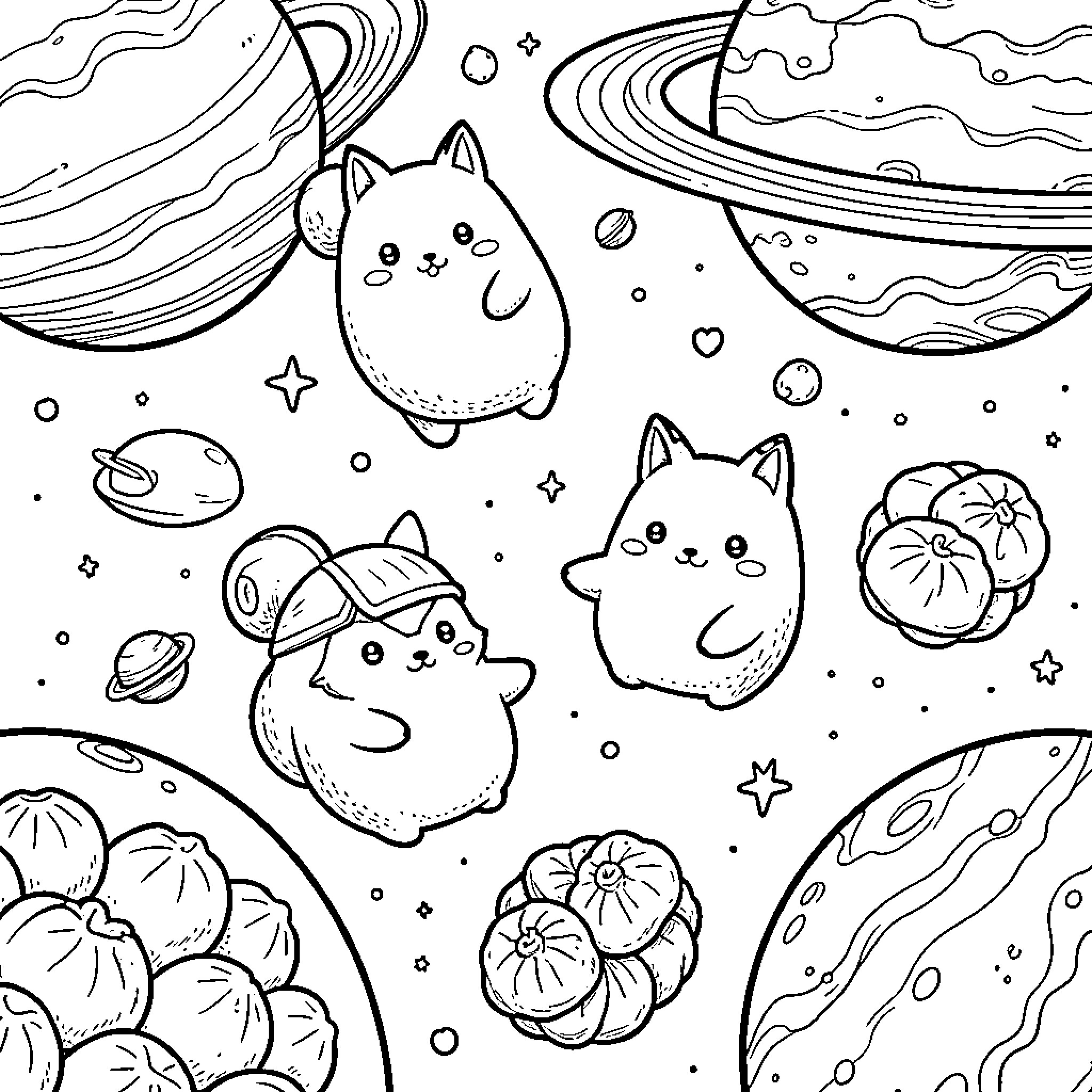 Squishmallow characters floating through outer space near planets Coloring Page (free black-and-white line drawing printable PDF for all, from beginners to advanced learners, including children, teens, adults, and seniors)