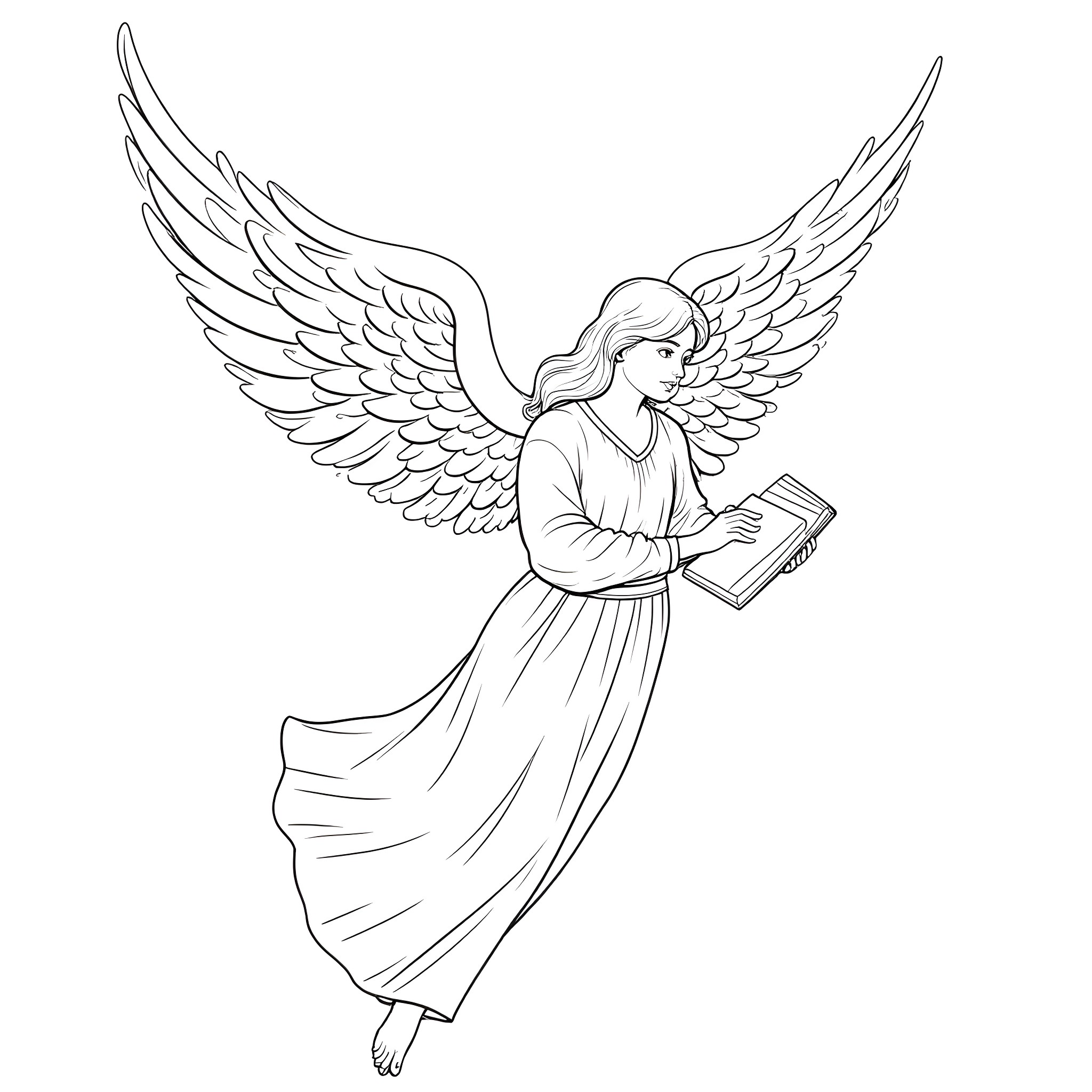 Archangel with Flowing Robes Holding a Book Coloring Page (free black-and-white line drawing printable PDF for all, from beginners to advanced learners, including children, teens, adults, and seniors)