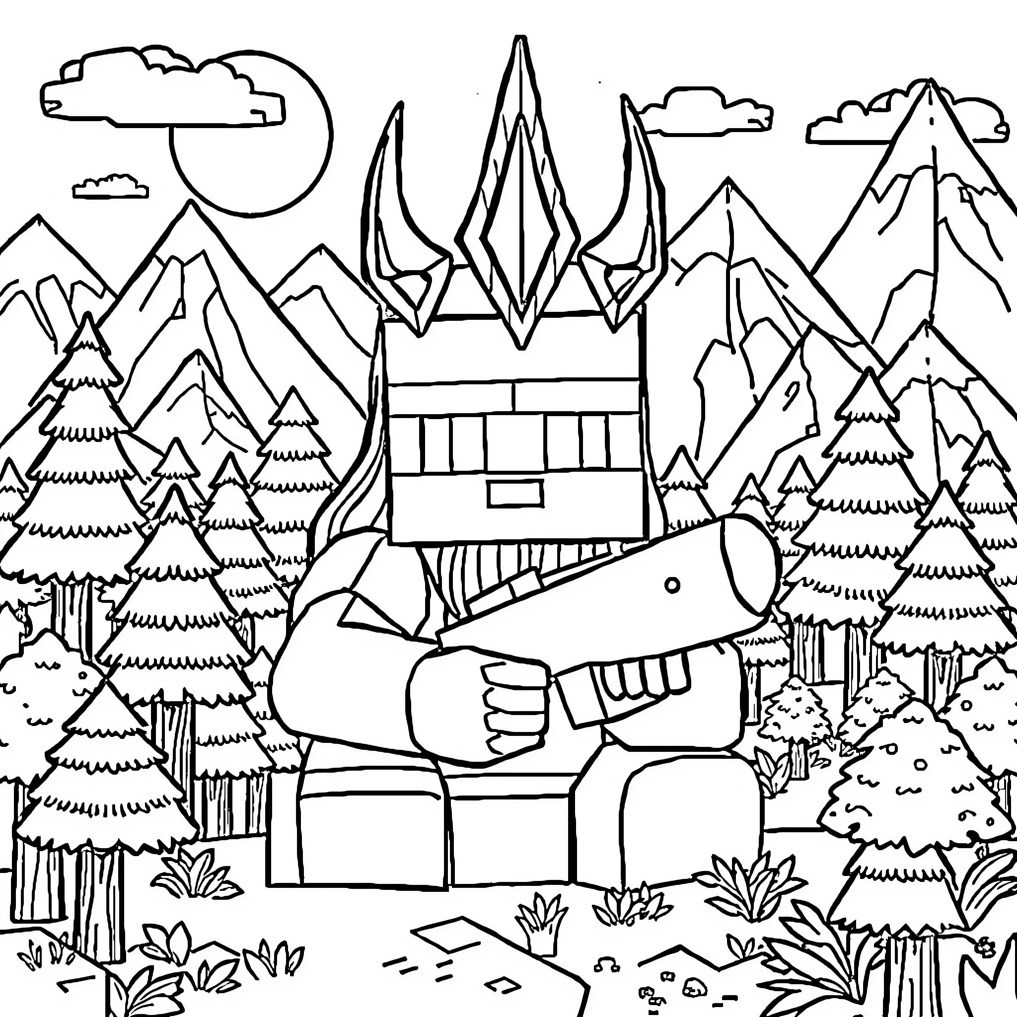 Siren Head Looming in the Eerie Forest Landscape Coloring Page (free black-and-white line drawing printable PDF for all, from beginners to advanced learners, including children, teens, adults, and seniors)