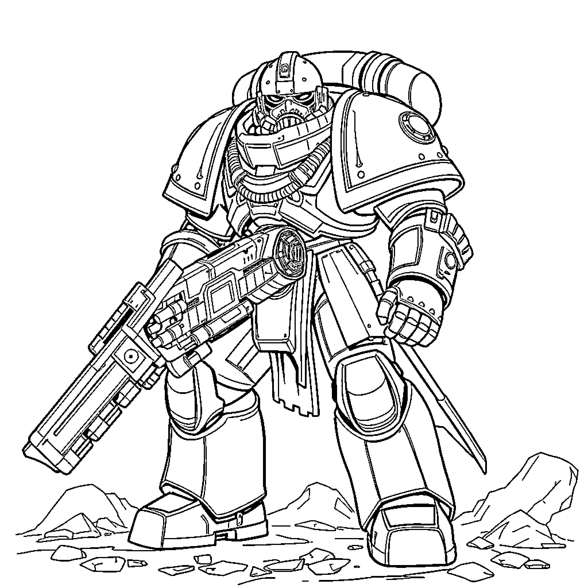 Space Marine in battle-ready pose with heavy weaponry Coloring Page (free black-and-white line drawing printable PDF for all, from beginners to advanced learners, including children, teens, adults, and seniors)