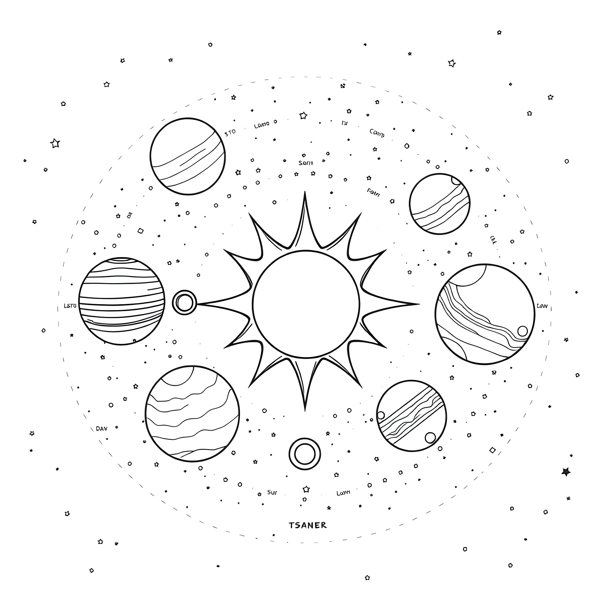 Solar System with Celestial Bodies in Space Coloring Page (free black-and-white line drawing printable PDF for all, from beginners to advanced learners, including children, teens, adults, and seniors)