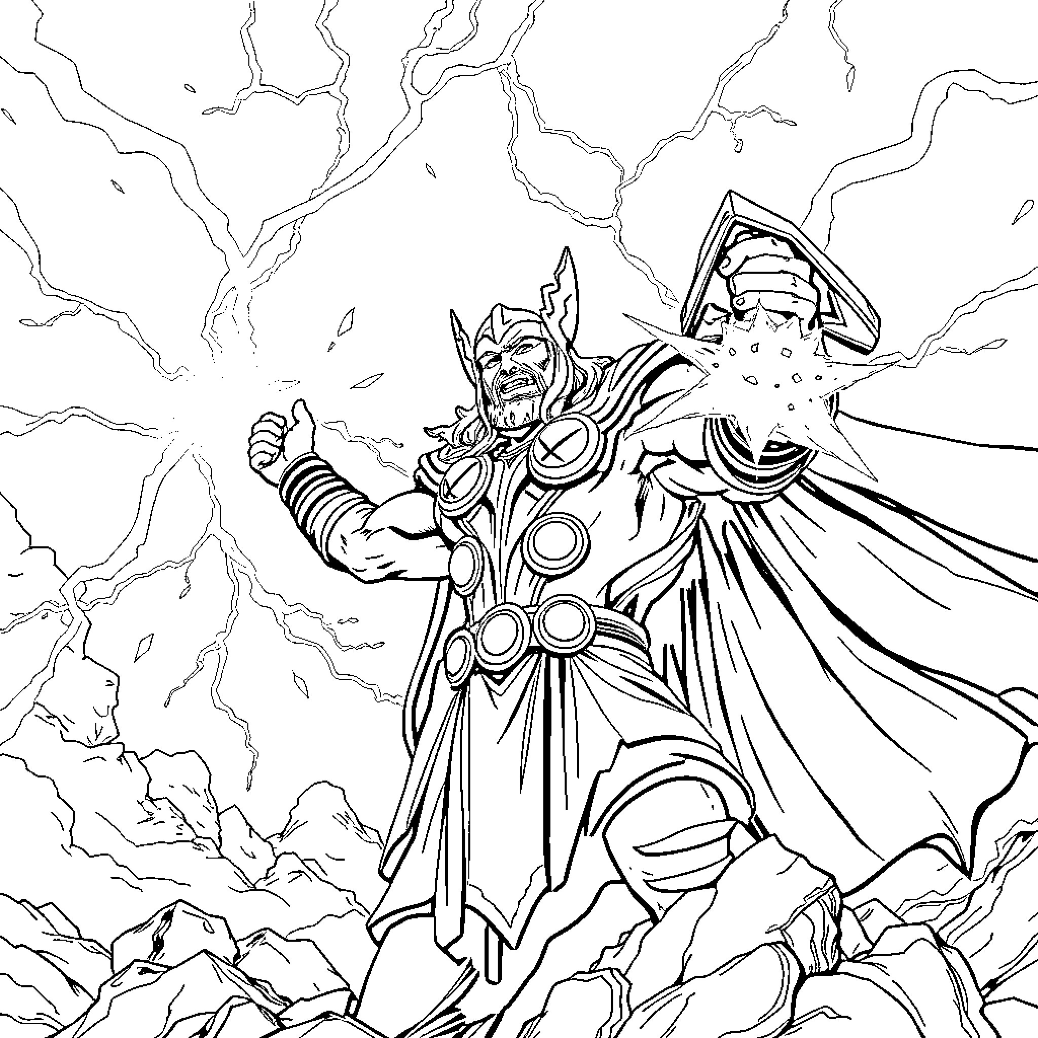 Thor Unleashing Mighty Powers in Epic Battle Scene Coloring Page (free black-and-white line drawing printable PDF for all, from beginners to advanced learners, including children, teens, adults, and seniors)