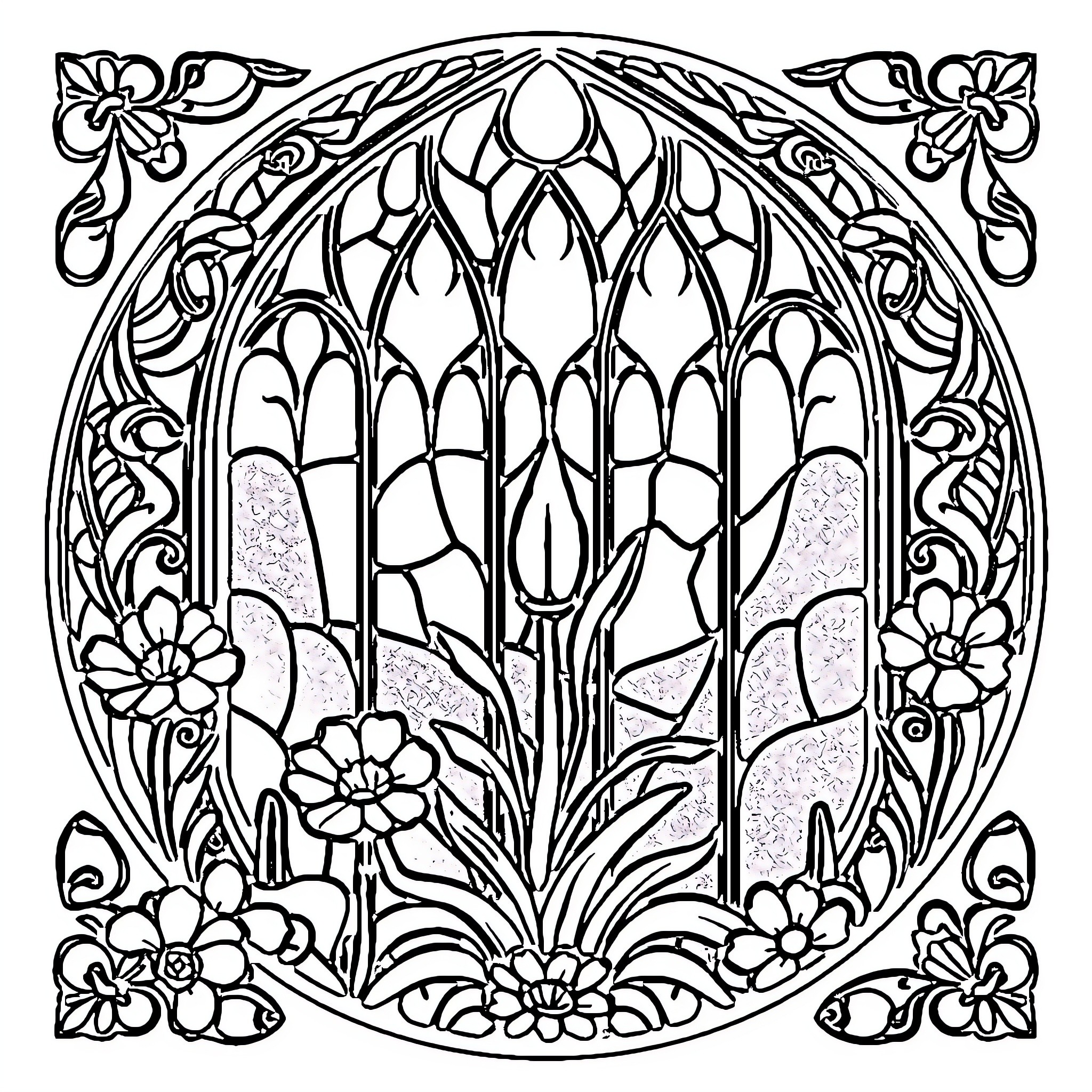 Stained Glass Depicting Floral and Architectural Elements Coloring Page (free black-and-white line drawing printable PDF for all, from beginners to advanced learners, including children, teens, adults, and seniors)