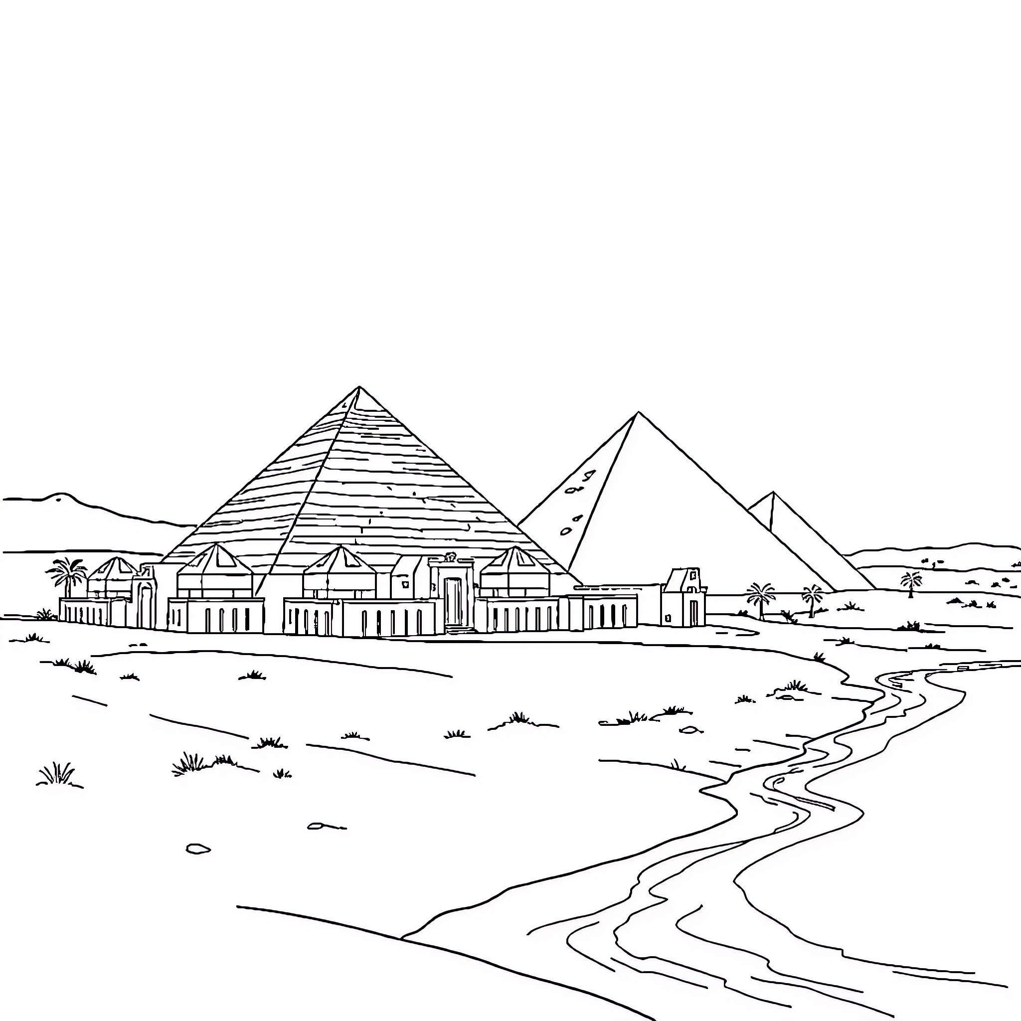 Ancient Egypt Pyramids and Desert Landscape Coloring Page (free black-and-white line drawing printable PDF for all, from beginners to advanced learners, including children, teens, adults, and seniors)