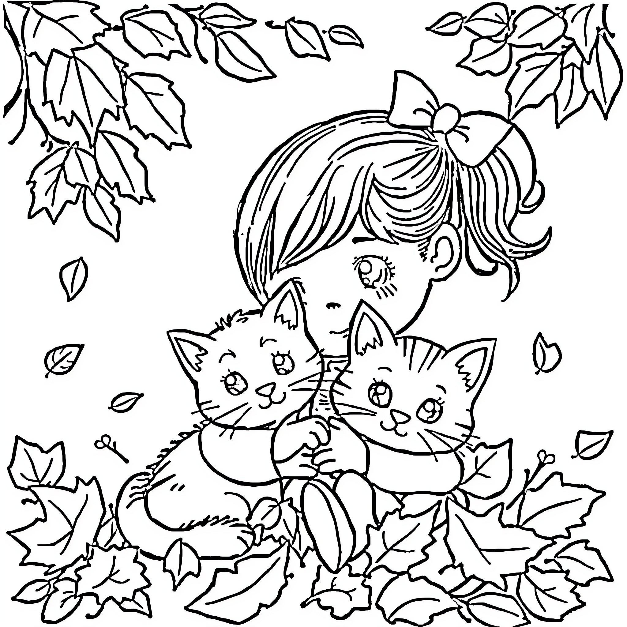 Girl playing with cute kittens in the leaves Coloring Page (free black-and-white line drawing printable PDF for all, from beginners to advanced learners, including children, teens, adults, and seniors)