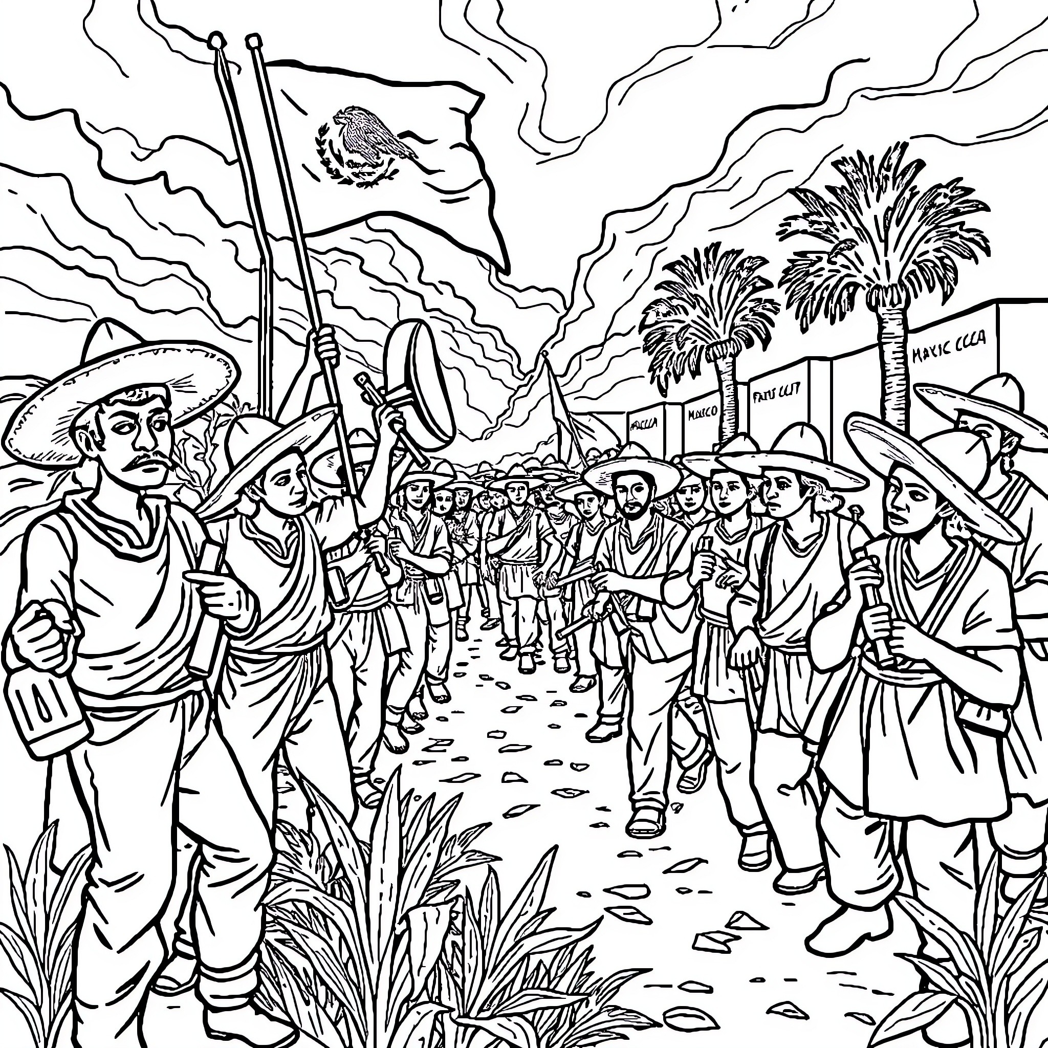 Mexican Revolution: Soldiers in Action with Flags and Weapons Coloring Page (free black-and-white line drawing printable PDF for all, from beginners to advanced learners, including children, teens, adults, and seniors)