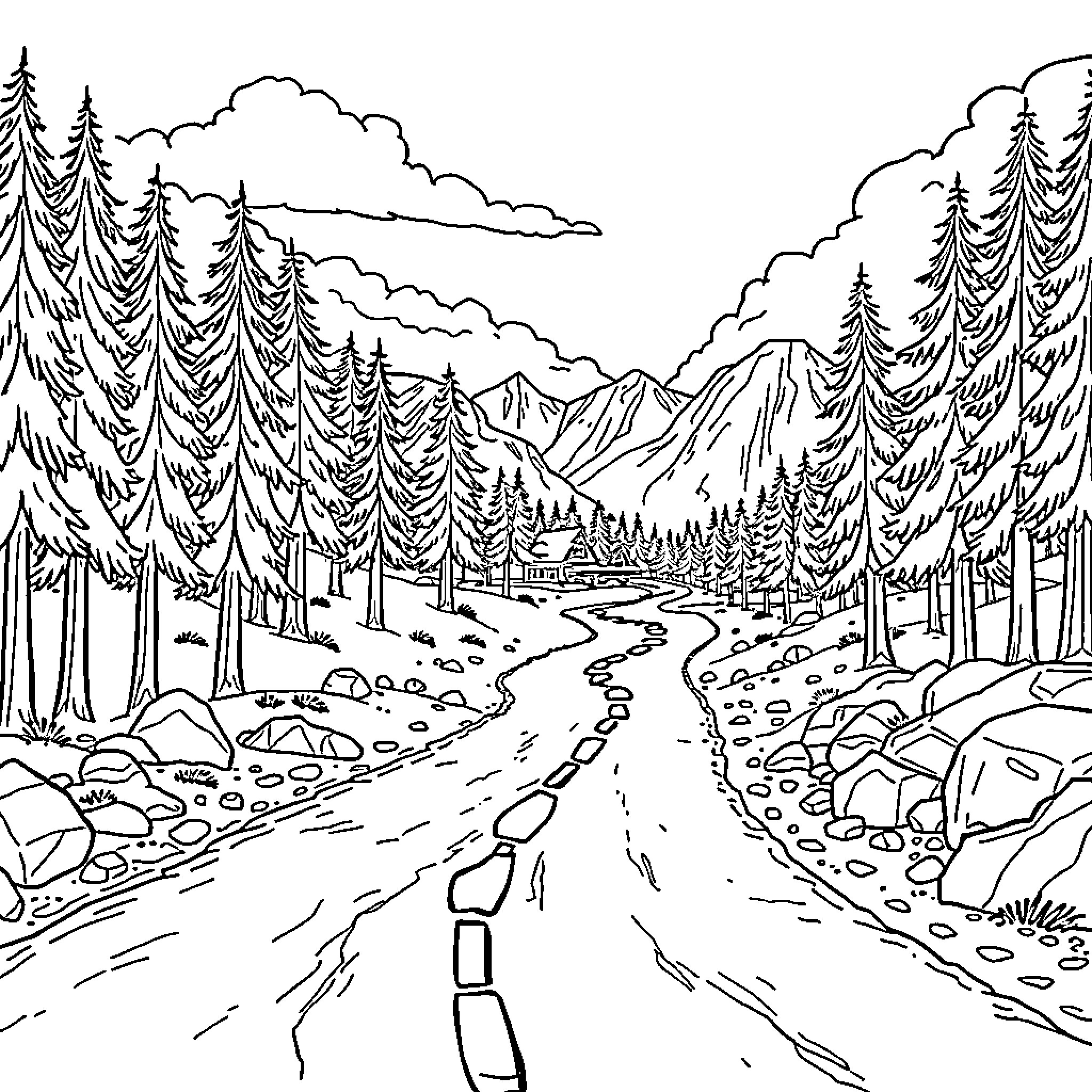 Bumpy Mountain Path through Evergreen Forest Coloring Page (free black-and-white line drawing printable PDF for all, from beginners to advanced learners, including children, teens, adults, and seniors)