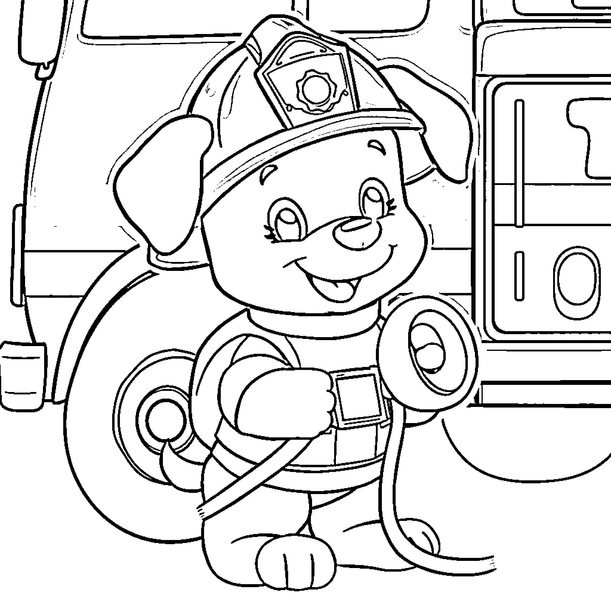 Puppy firefighter at the station Coloring Page (free black-and-white line drawing printable PDF for all, from beginners to advanced learners, including children, teens, adults, and seniors)