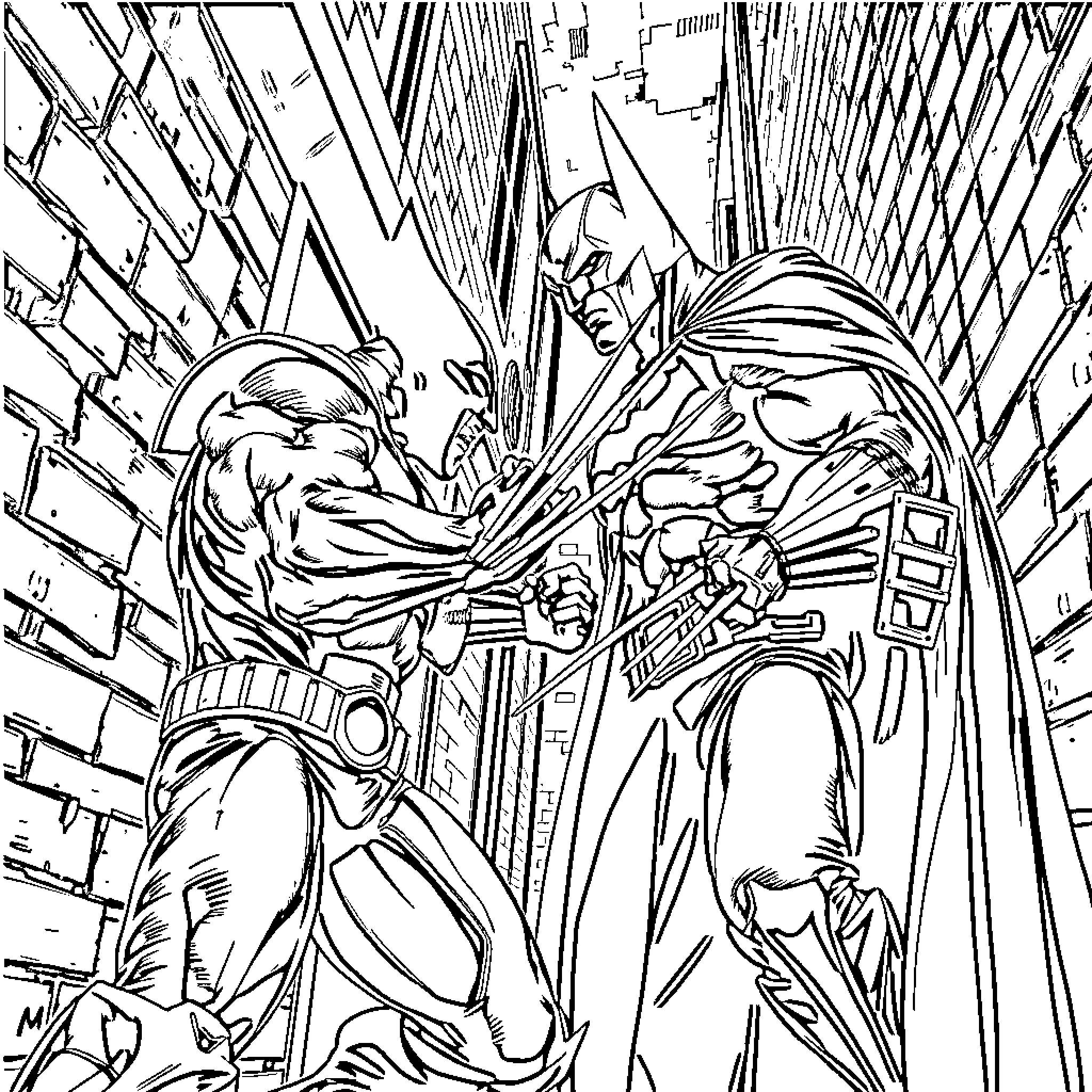 Wolverine Battles Formidable Foe in Gritty Urban Environment Coloring Page (free black-and-white line drawing printable PDF for all, from beginners to advanced learners, including children, teens, adults, and seniors)